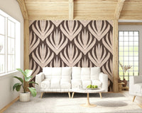 Patterned wallpaper featuring symmetrical boho leaves arranged in a vertical repeating formation.
