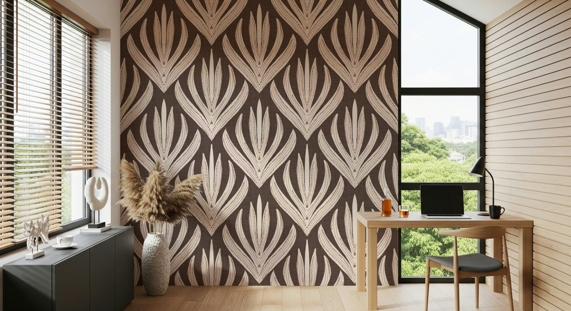 Earthy boho wallpaper mural with cream and rust-toned leaf motifs on a textured brown backdrop.