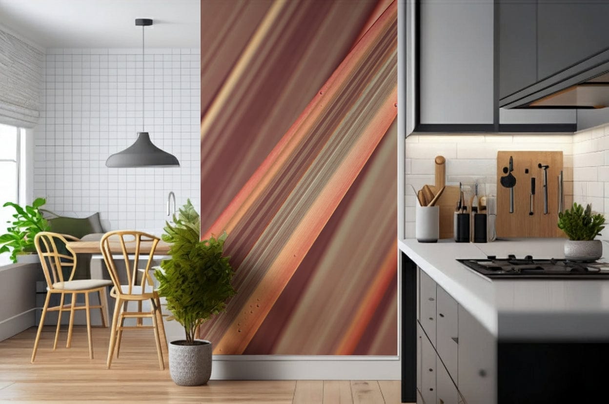 Linear clay shades wall mural near wooden bench