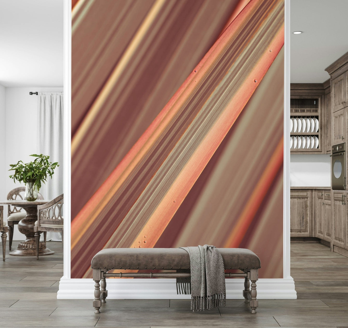 Warm brown lines wall mural behind console table