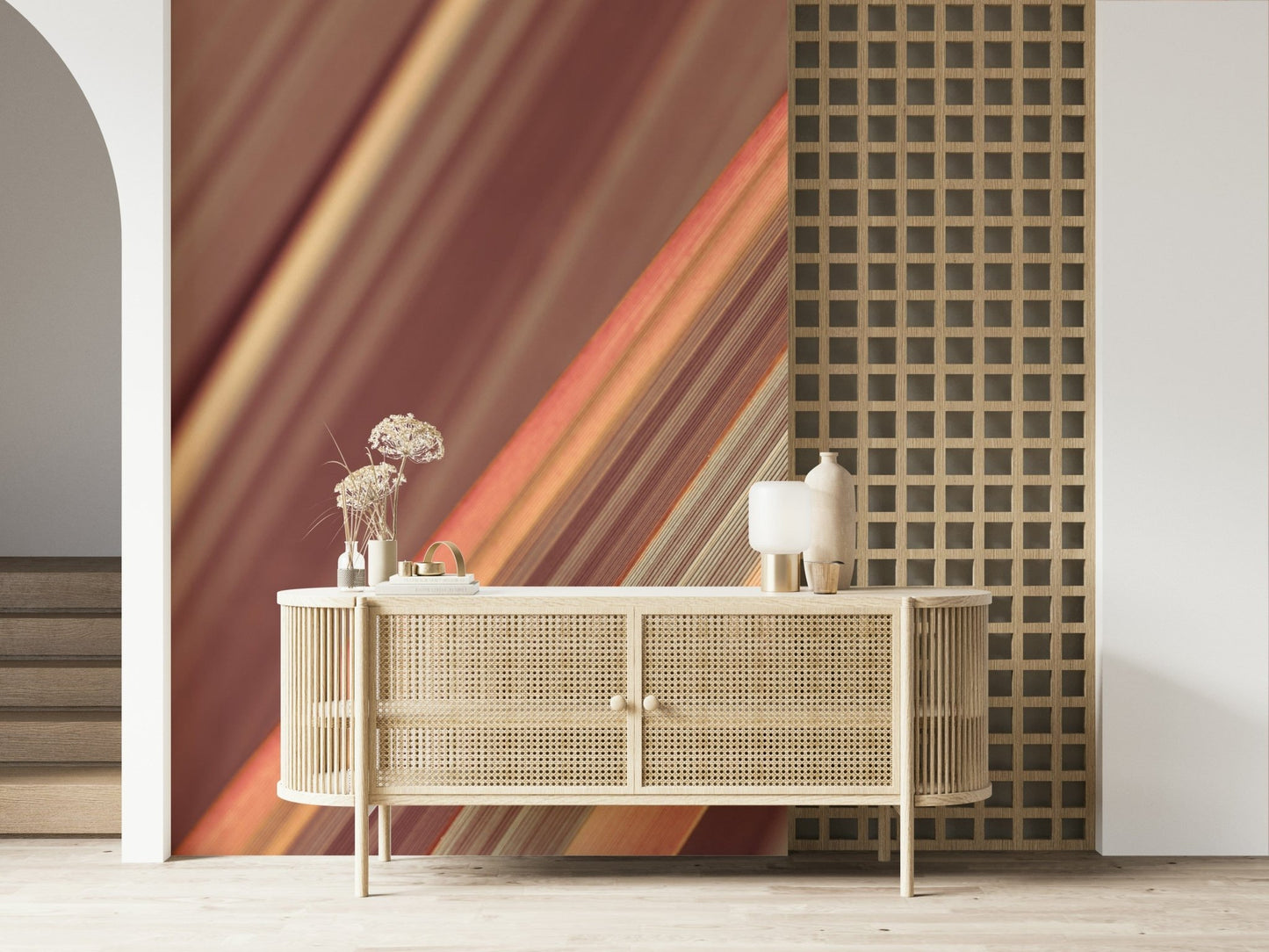 Diagonal earthy stripes wall mural in dining room