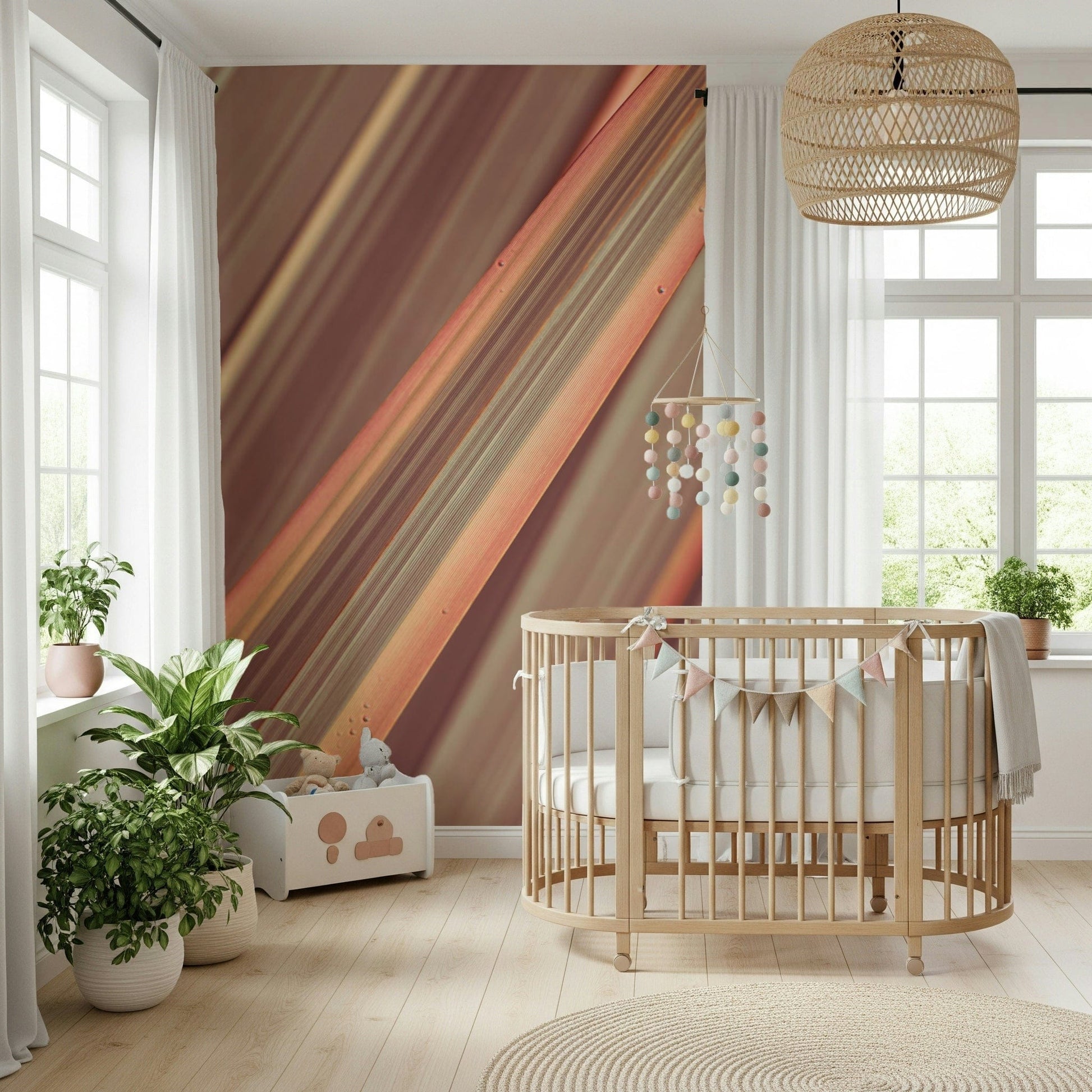 Slanted terracotta bands wall mural in bedroom