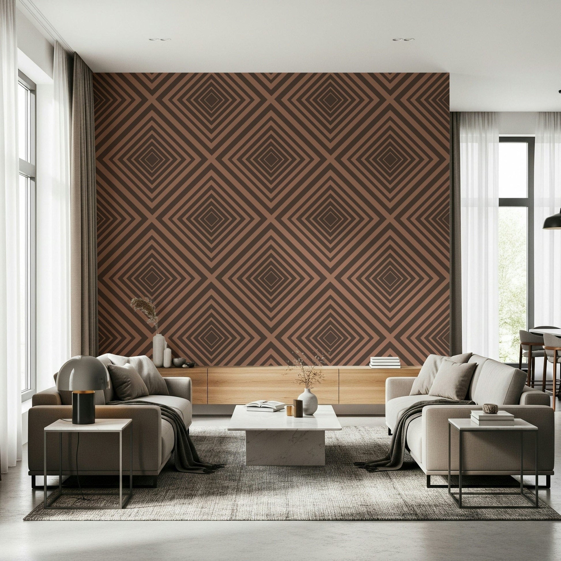 Modern wallpaper, zig-zag motif, rich umber shade, visual depth, Terra Lines.