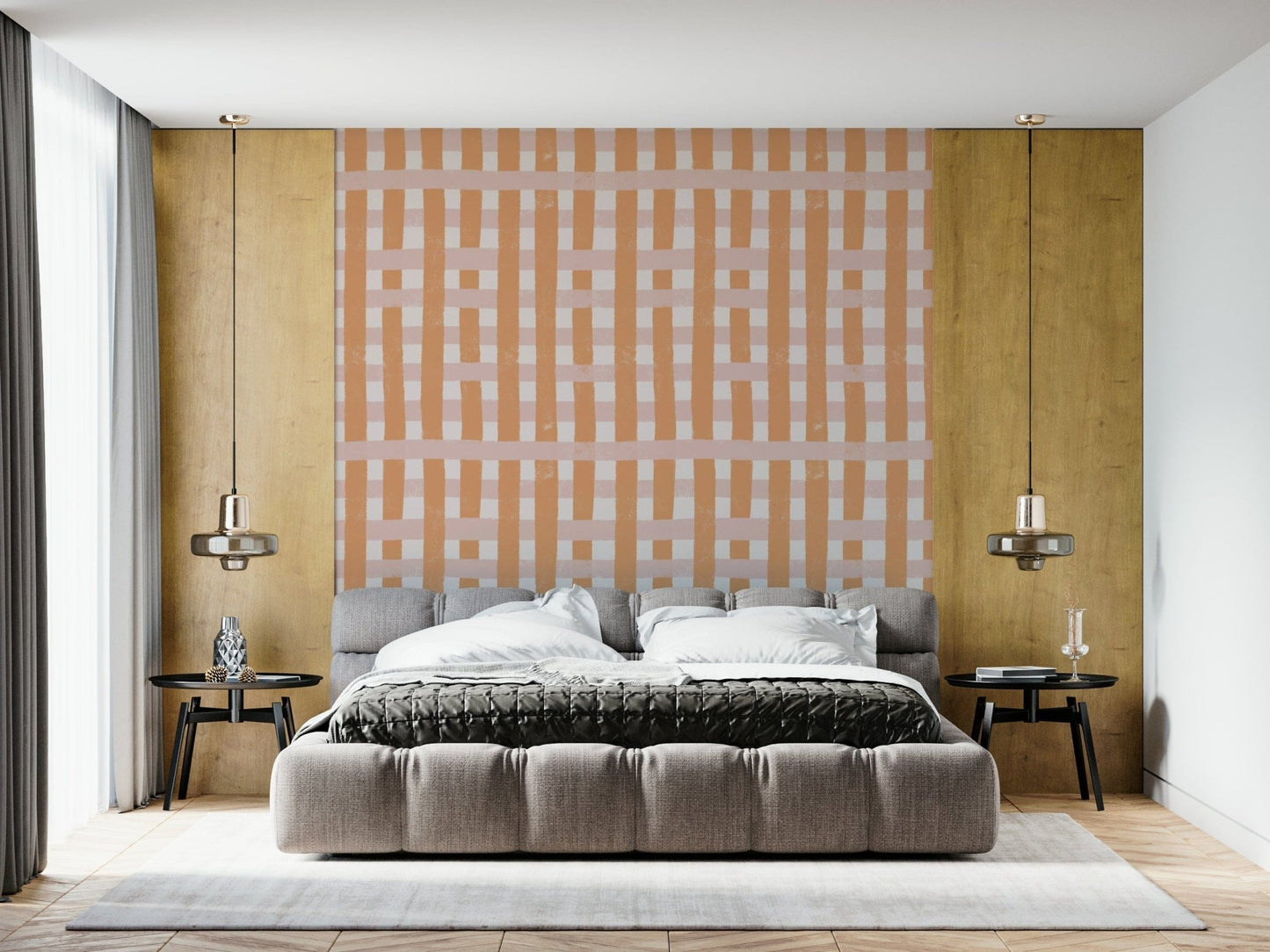 Minimalist striped wallpaper featuring warm terra palette tones.
