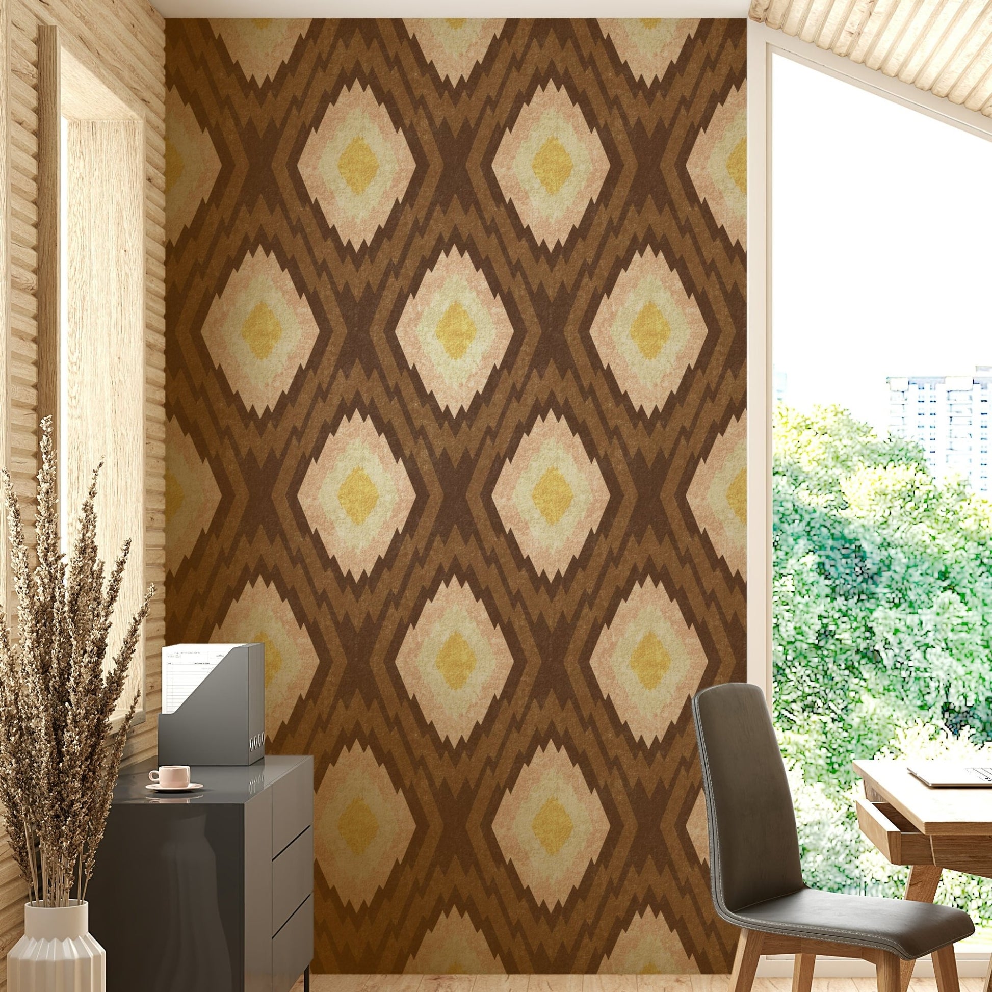 The pattern is composed of angular, interlocking lines.
