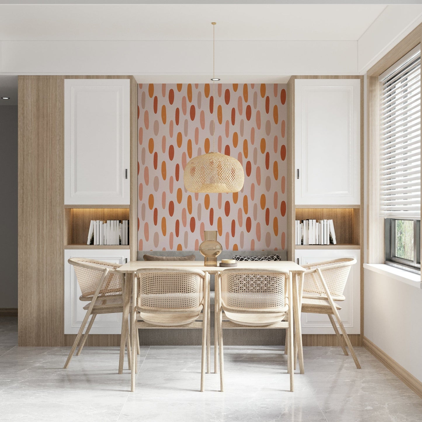 A minimalist wallpaper showcasing warm terracotta and peach oval motifs on a neutral backdrop.