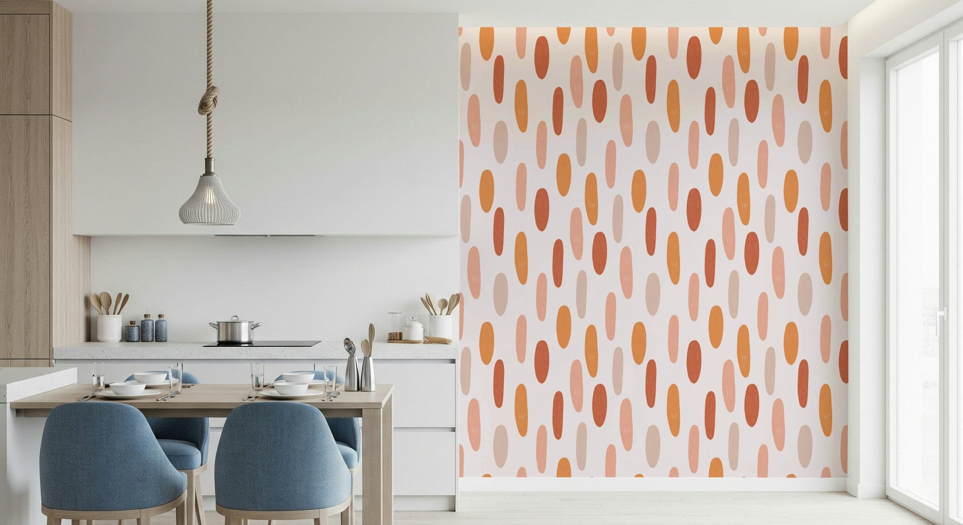 Abstract terracotta wallpaper with scattered brushstroke ovals in soft orange and clay shades.