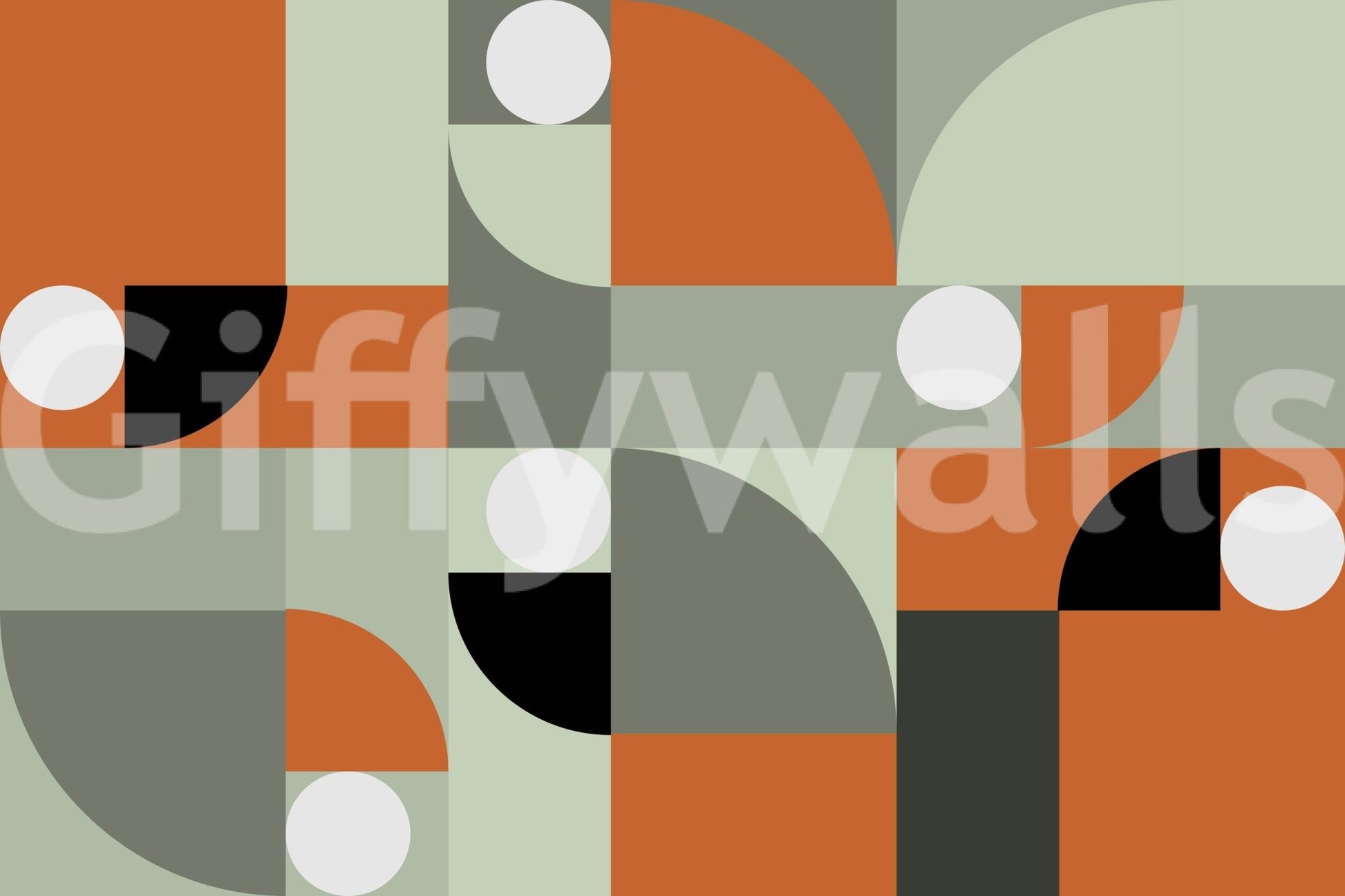 Terracotta and Gray wallpaper mural close-up showing bold geometric shapes and white dots in orange, sage and black