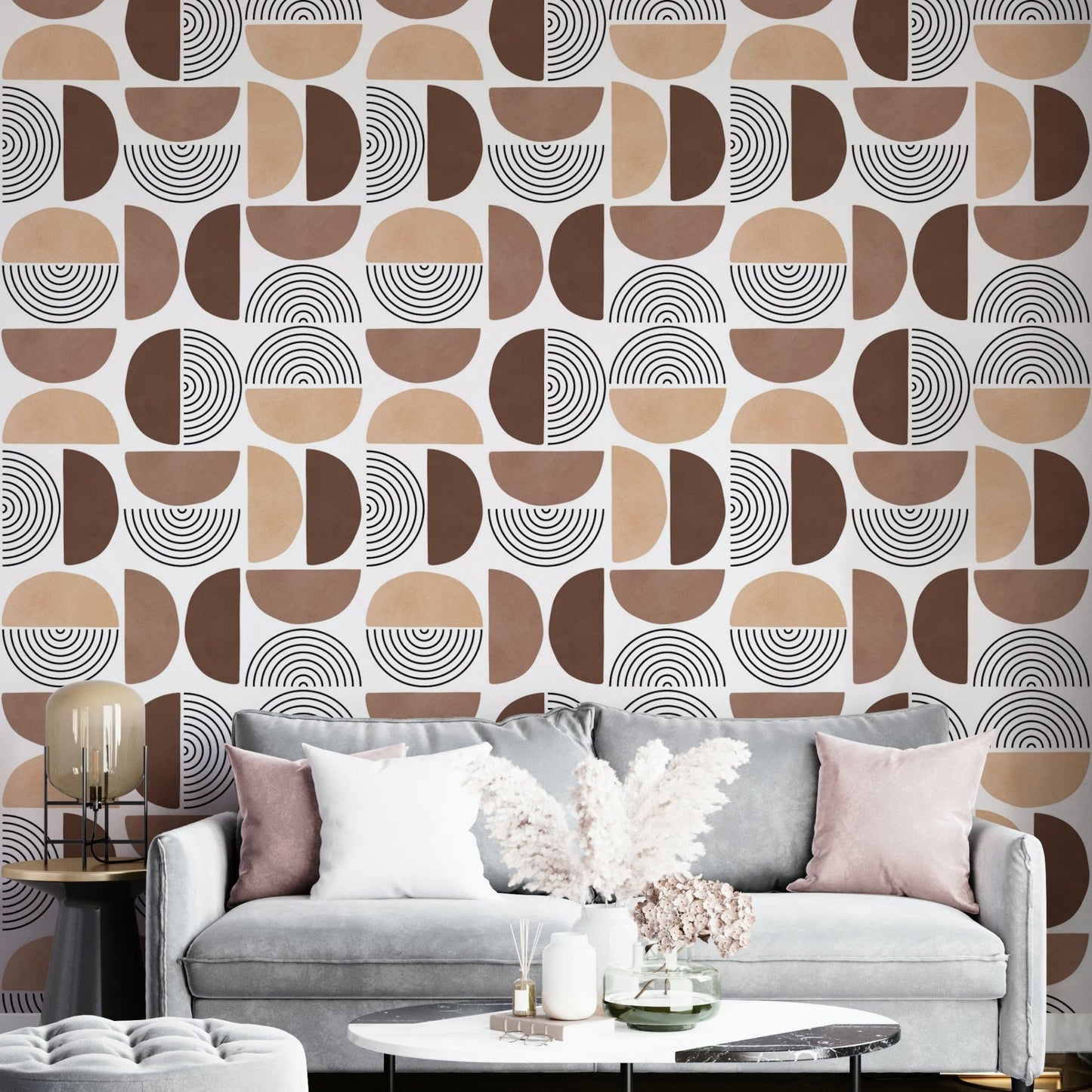 The room feels warm and stylish due to the earthy design.

