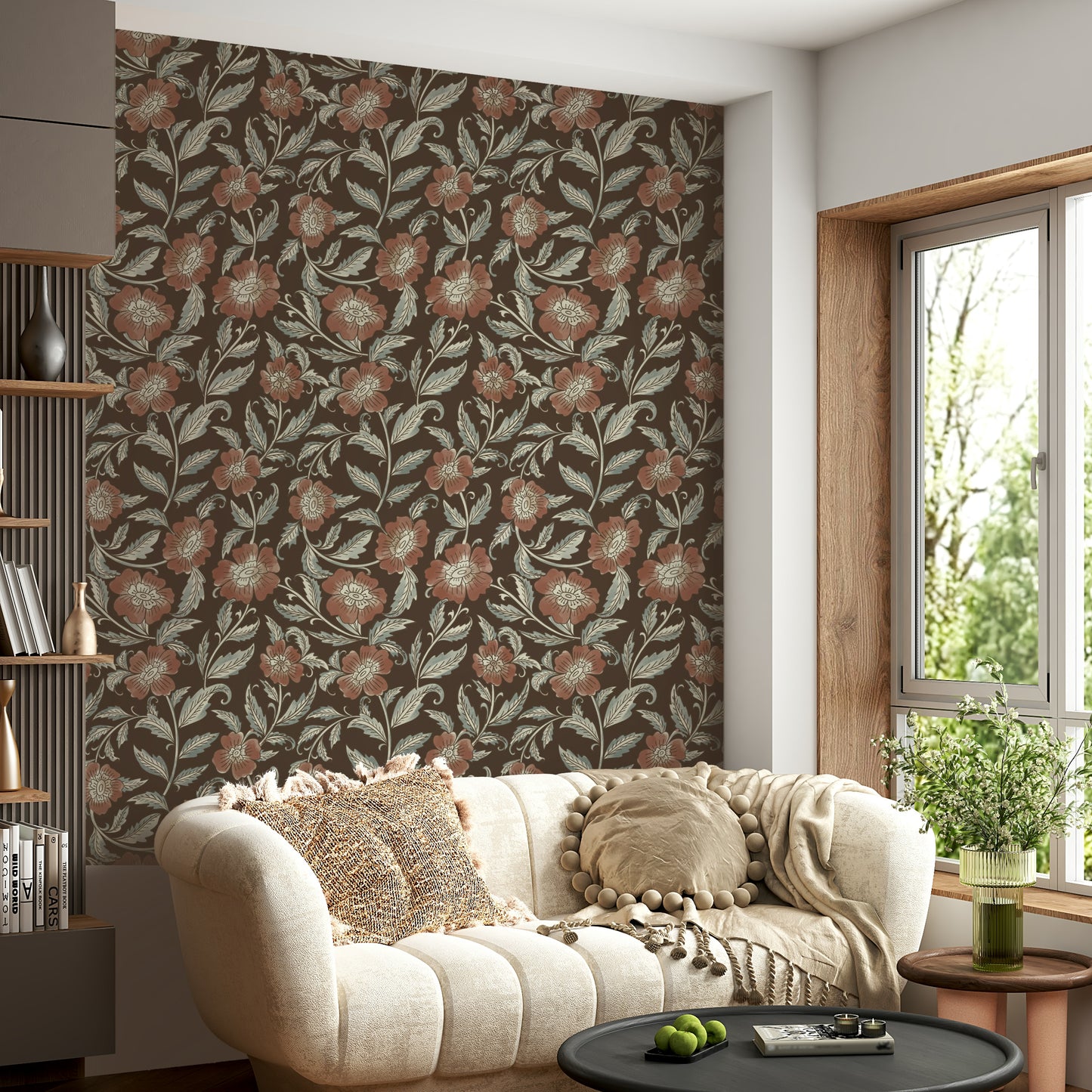 Warm floral trail wallpaper in terracotta tones

