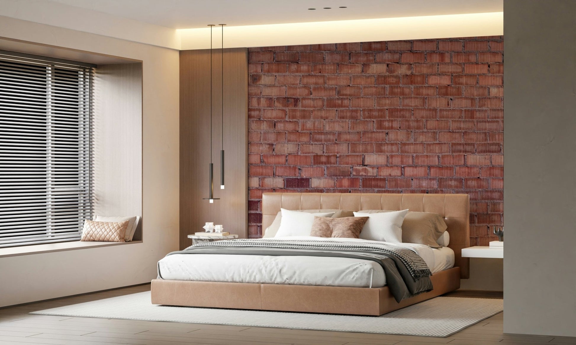 Terracotta brick design mural with three-dimensional effect and natural color variations for realistic appeal.