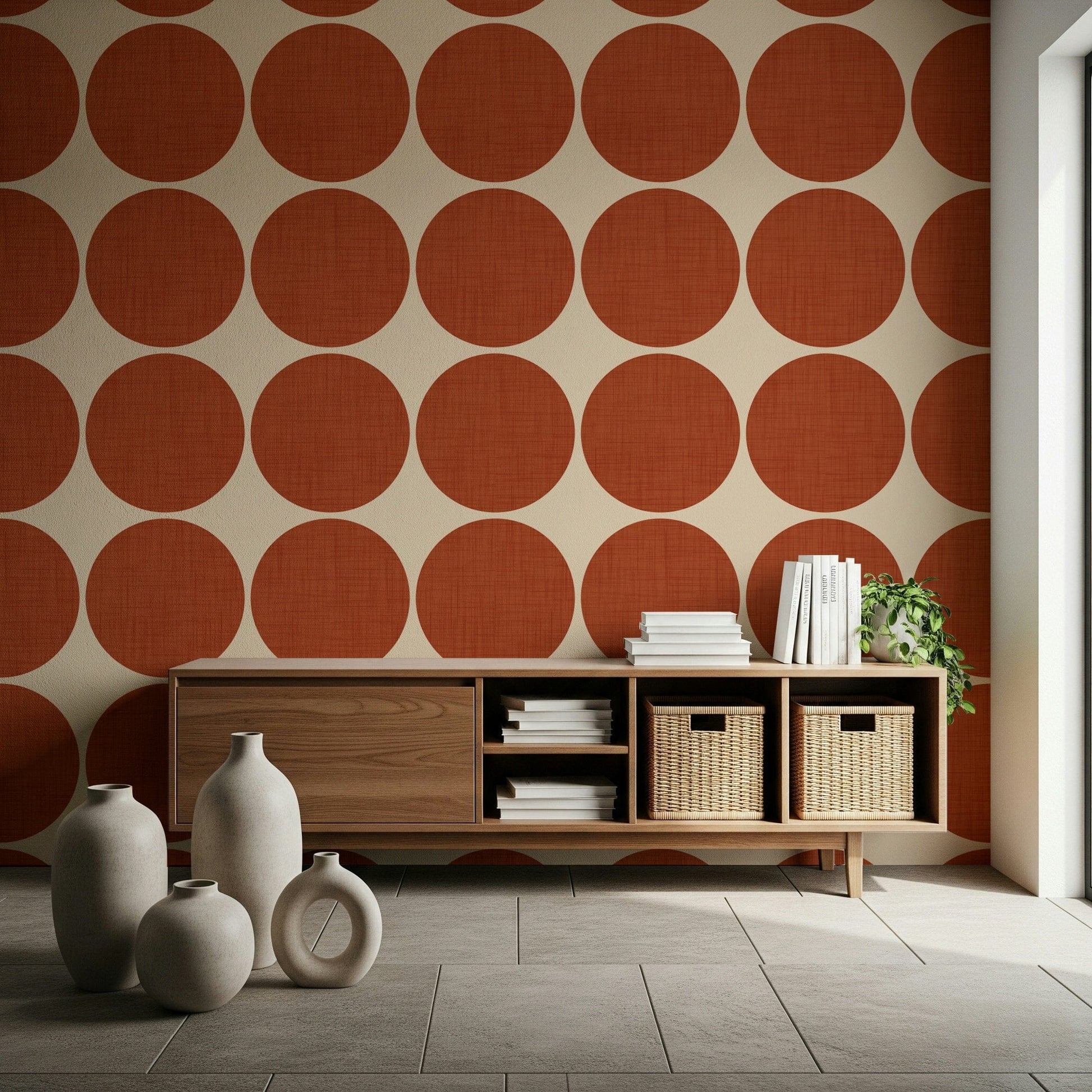 Repeating pattern of textured terracotta round shapes on a soft neutral backdrop