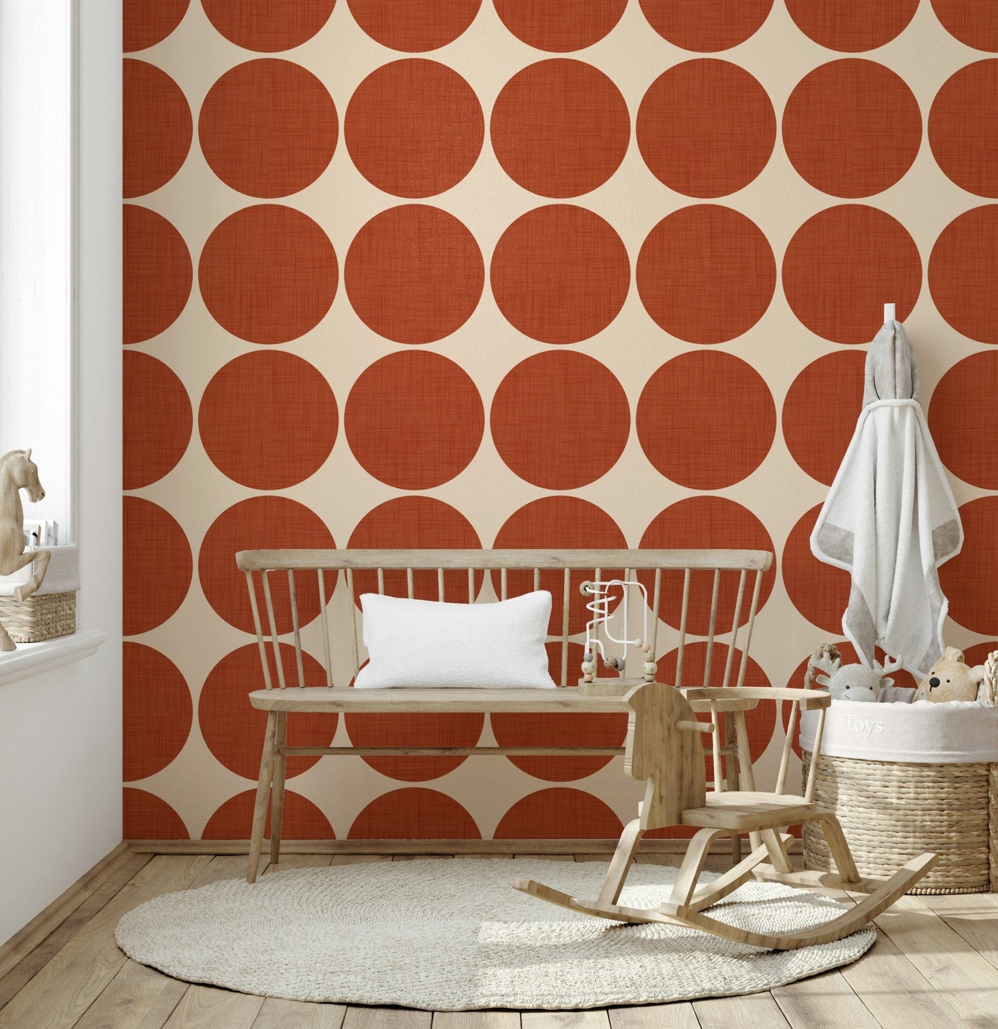 Contemporary wallpaper showcasing bold terracotta circles spaced evenly for a striking graphic look