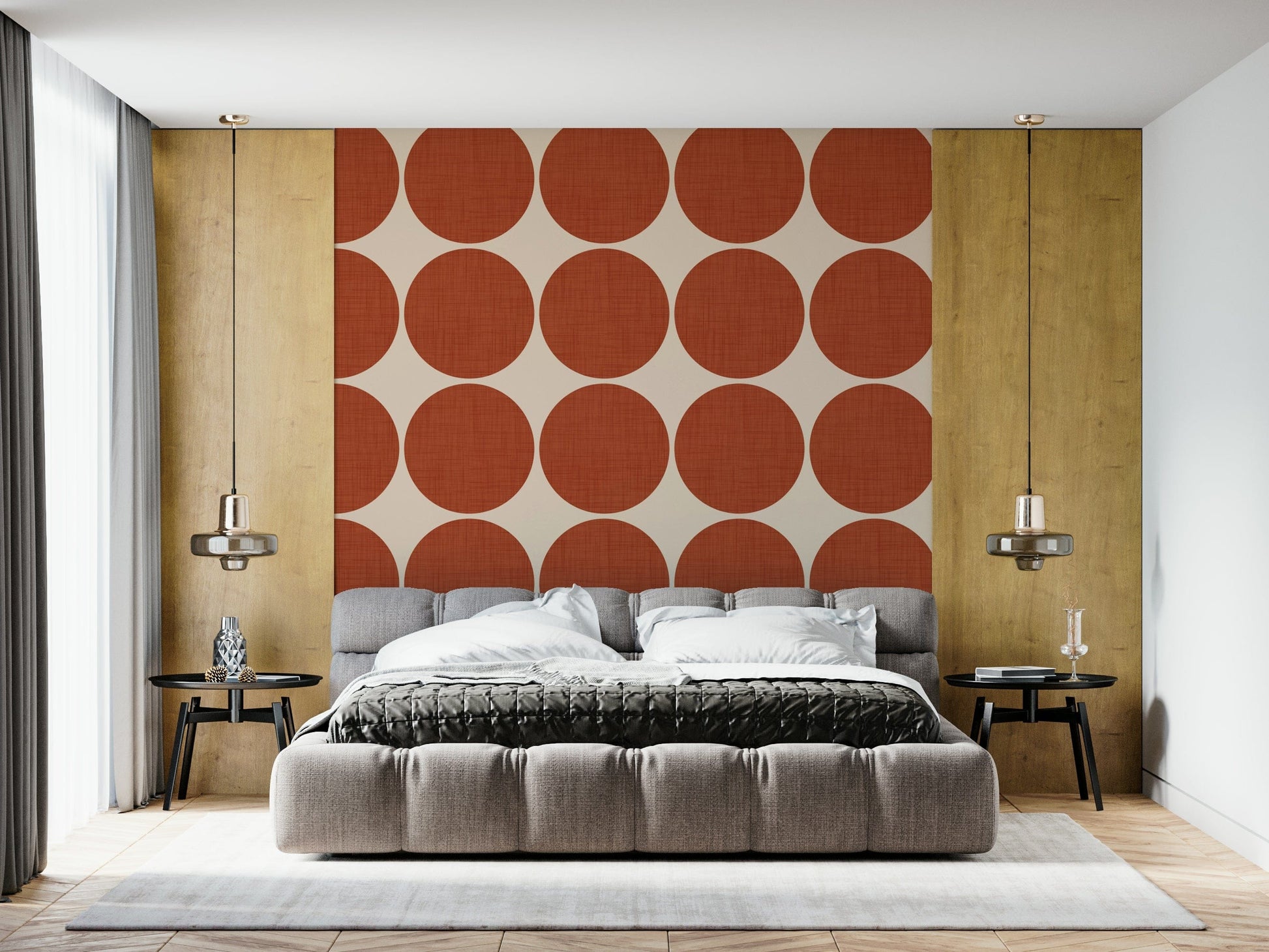 Decorative dot wallpaper with uniform terracotta circles creating a playful repeating pattern