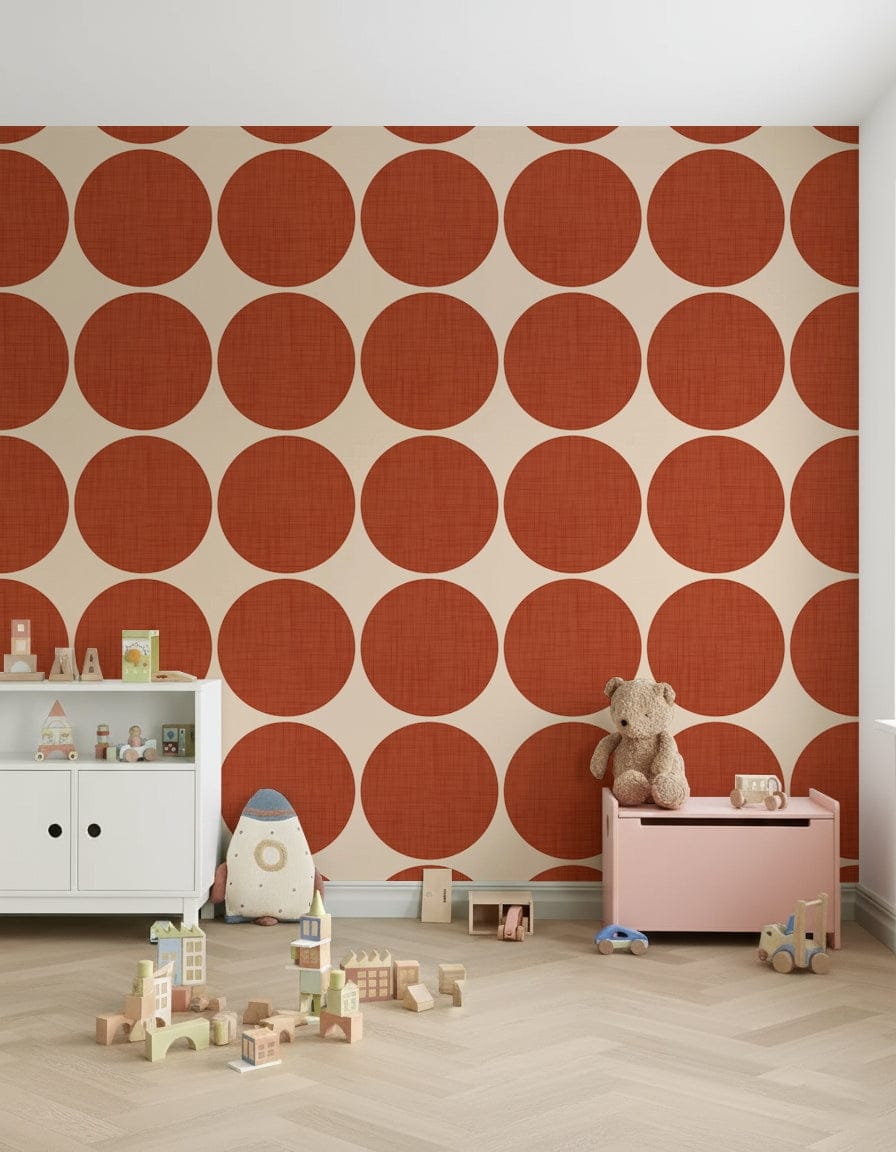 Modern geometric wallpaper with oversized terracotta dots arranged in a clean repeating grid