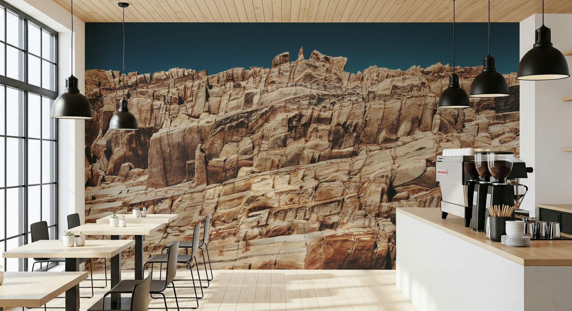Textured wall mural with layered cliff formations in earthy red and orange hues for rustic and modern spaces.