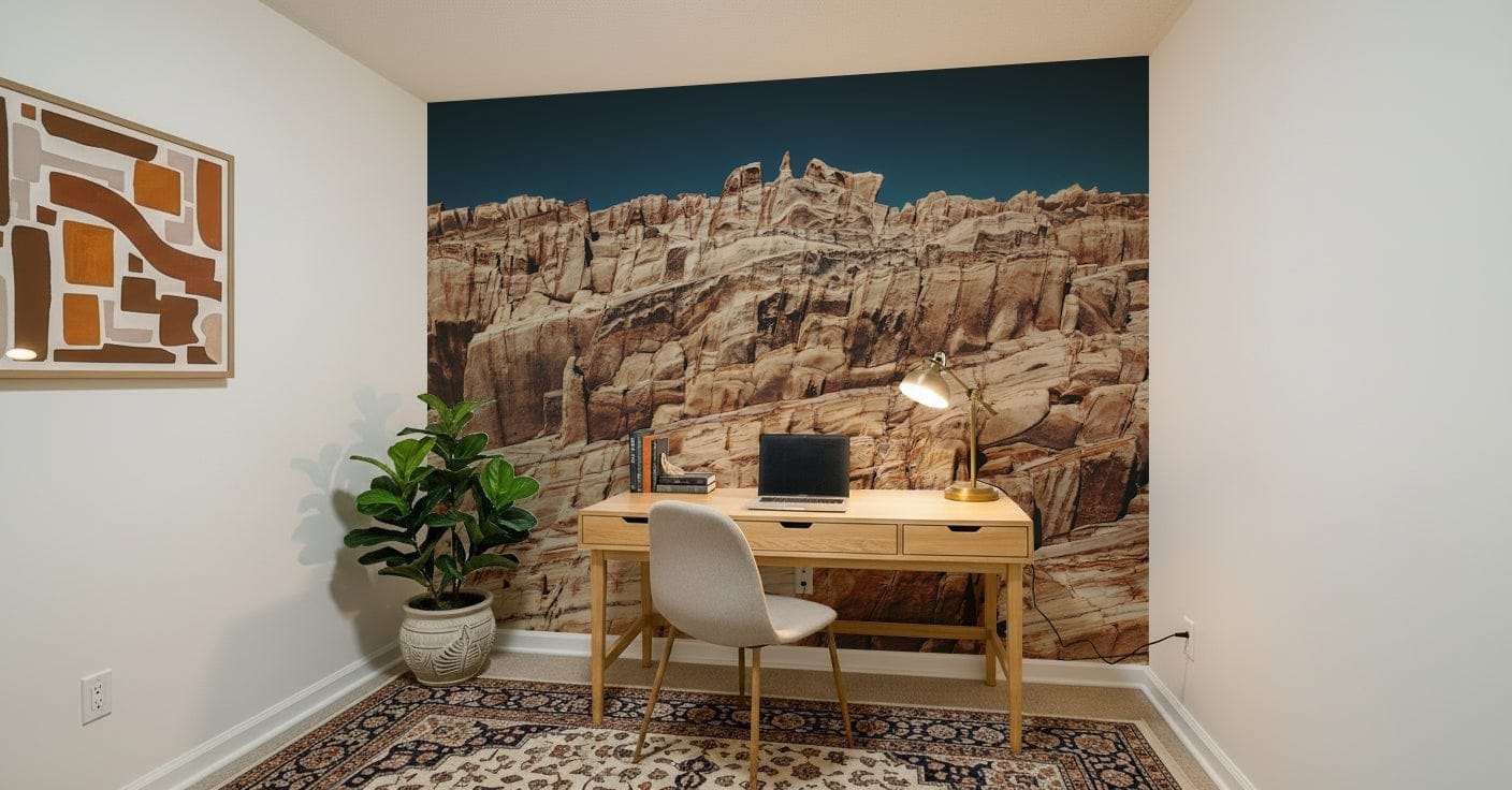 Warm earthy cliffscape wallpaper mural showcasing layered rock textures and natural gradients.