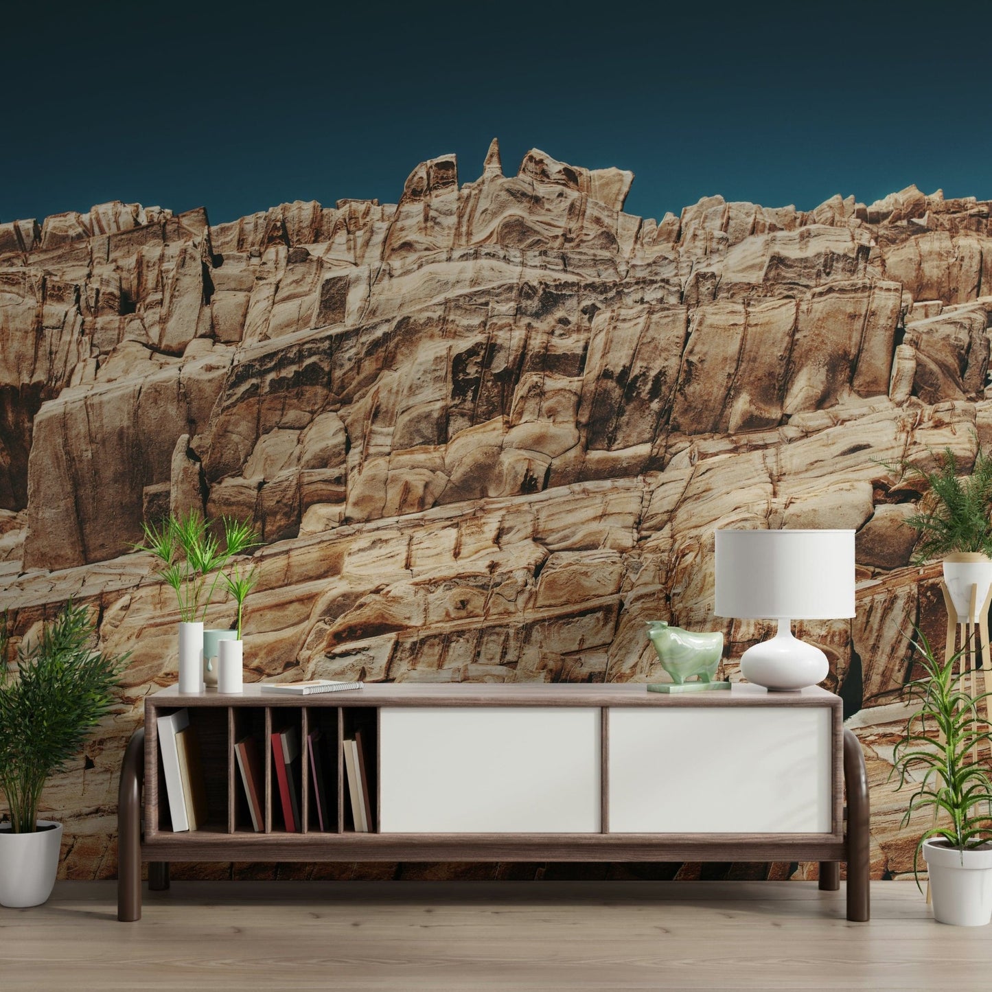 Terracotta rock formation wall mural with realistic textures for rustic, boho, or minimalist décor.