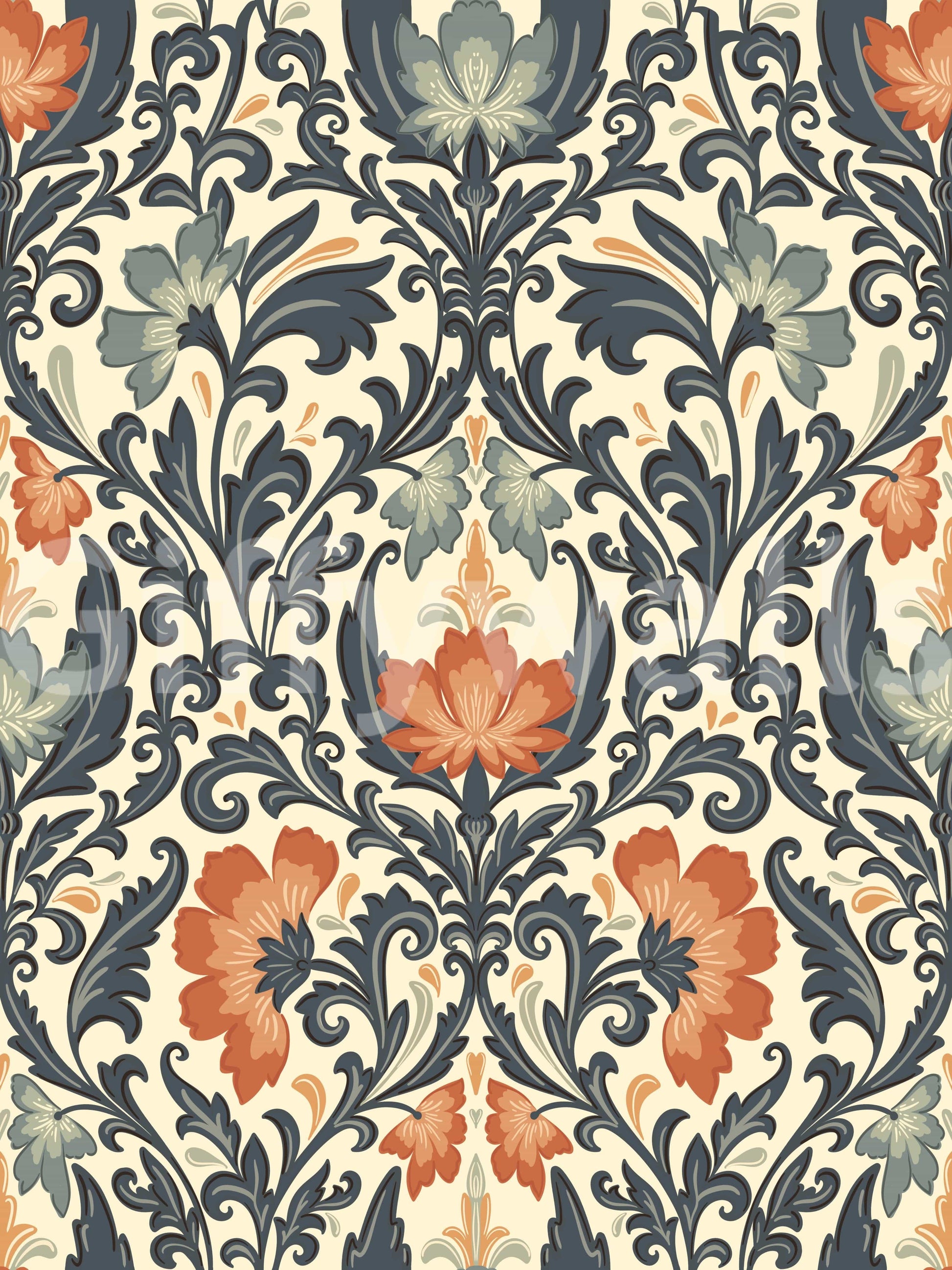 Custom wall covering, Timeless Floral Opulence product, dramatic color palette.