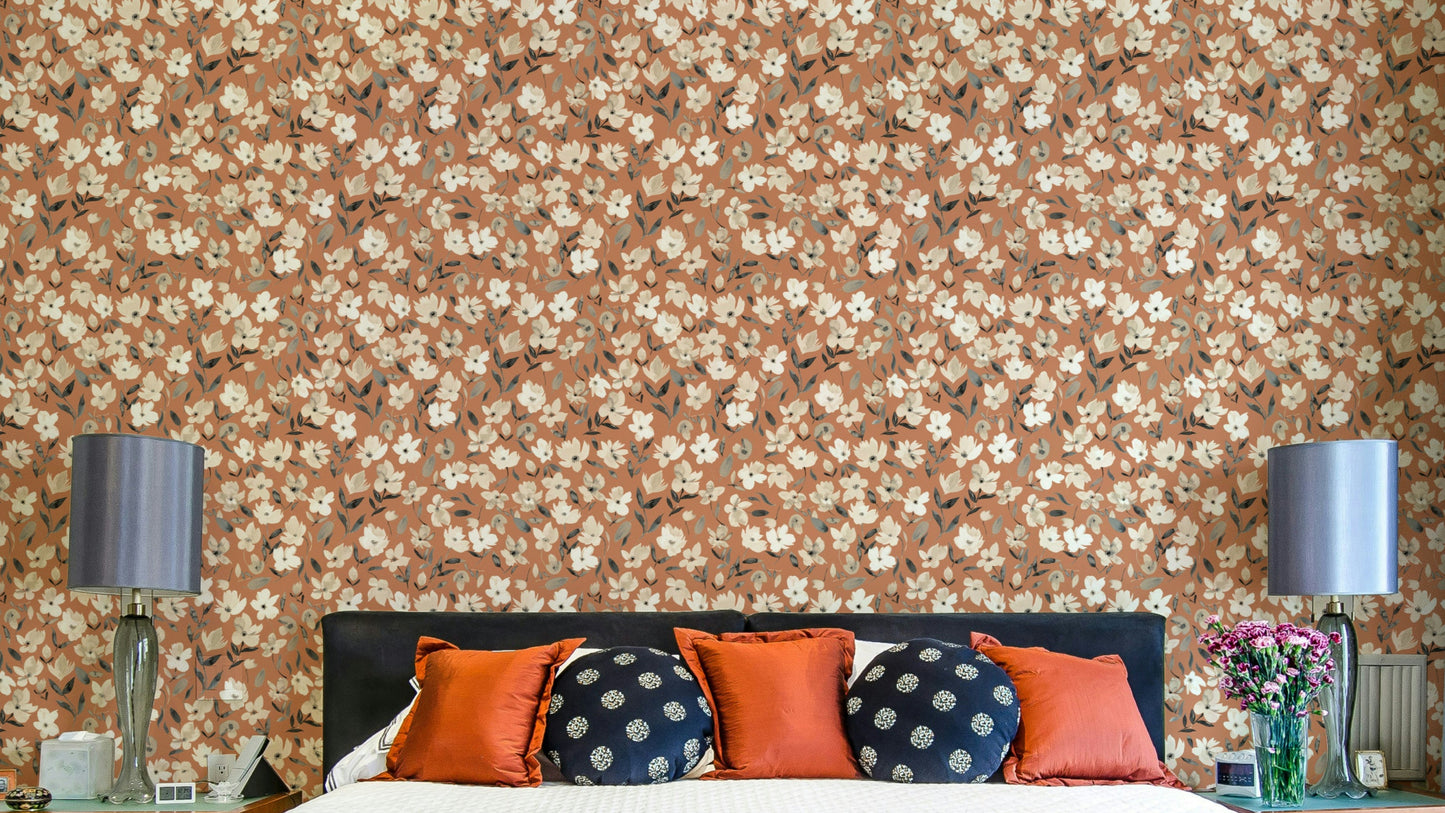 Terracotta floral wallpaper with rustic copper tones

