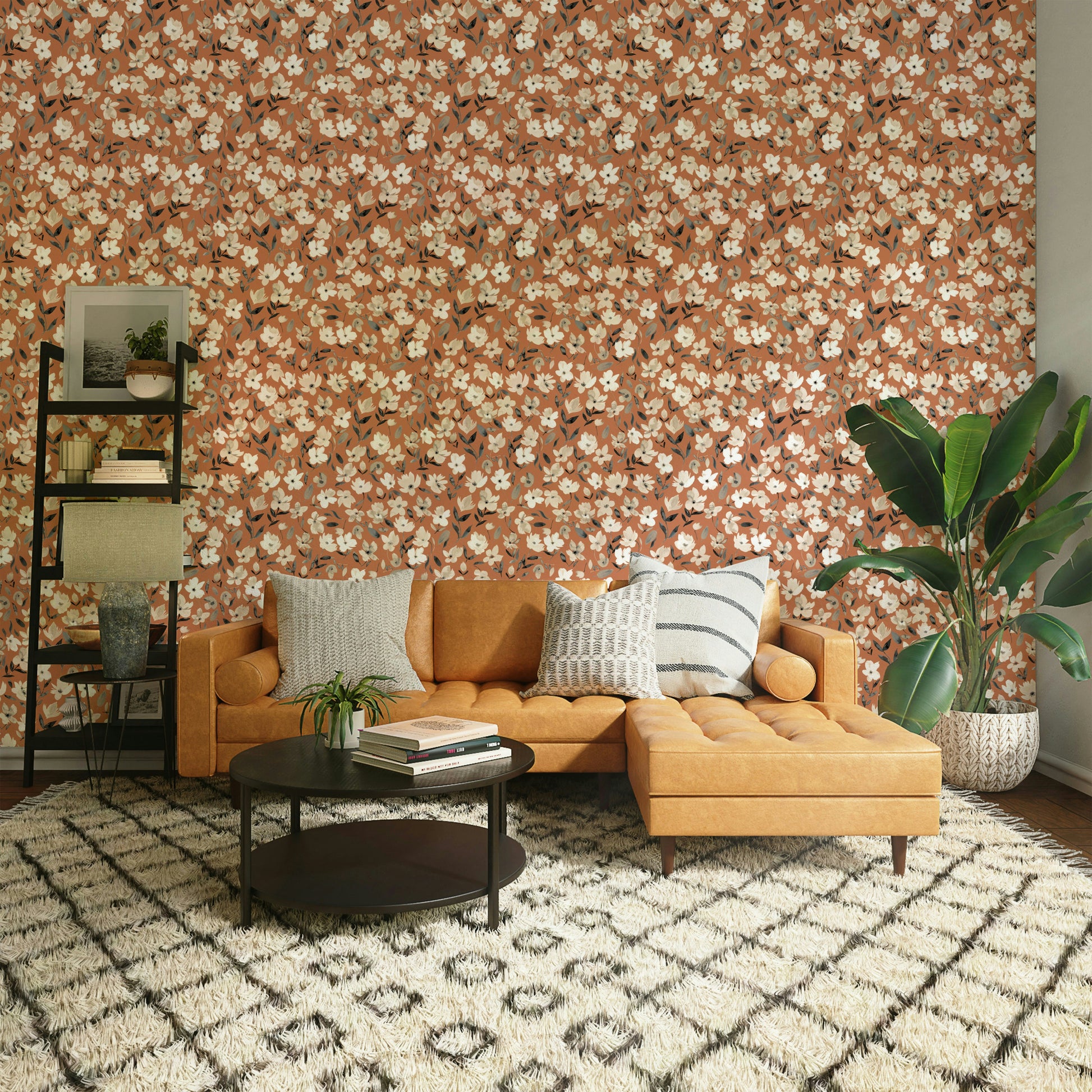 Fresh floral wallpaper in warm rustic tones

