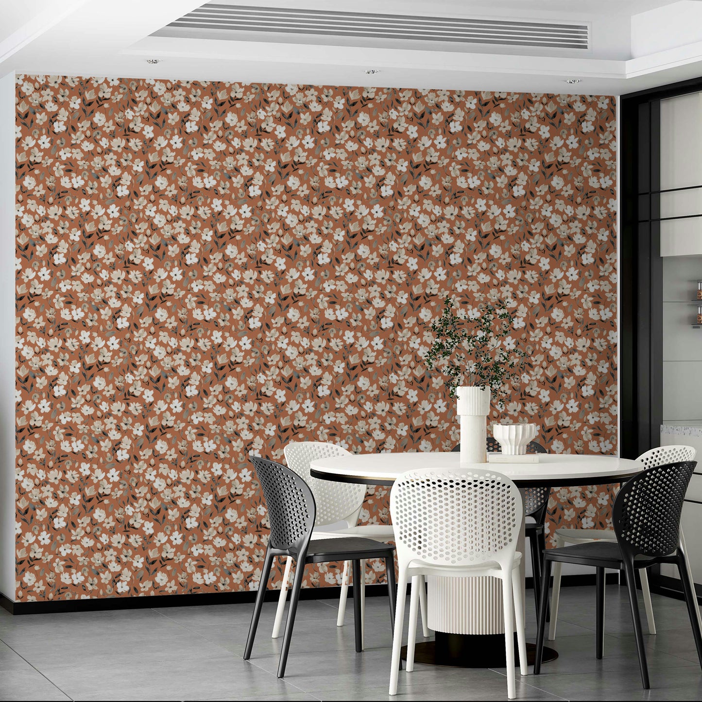 Copper-toned fresh flowers wallpaper for warm decor

