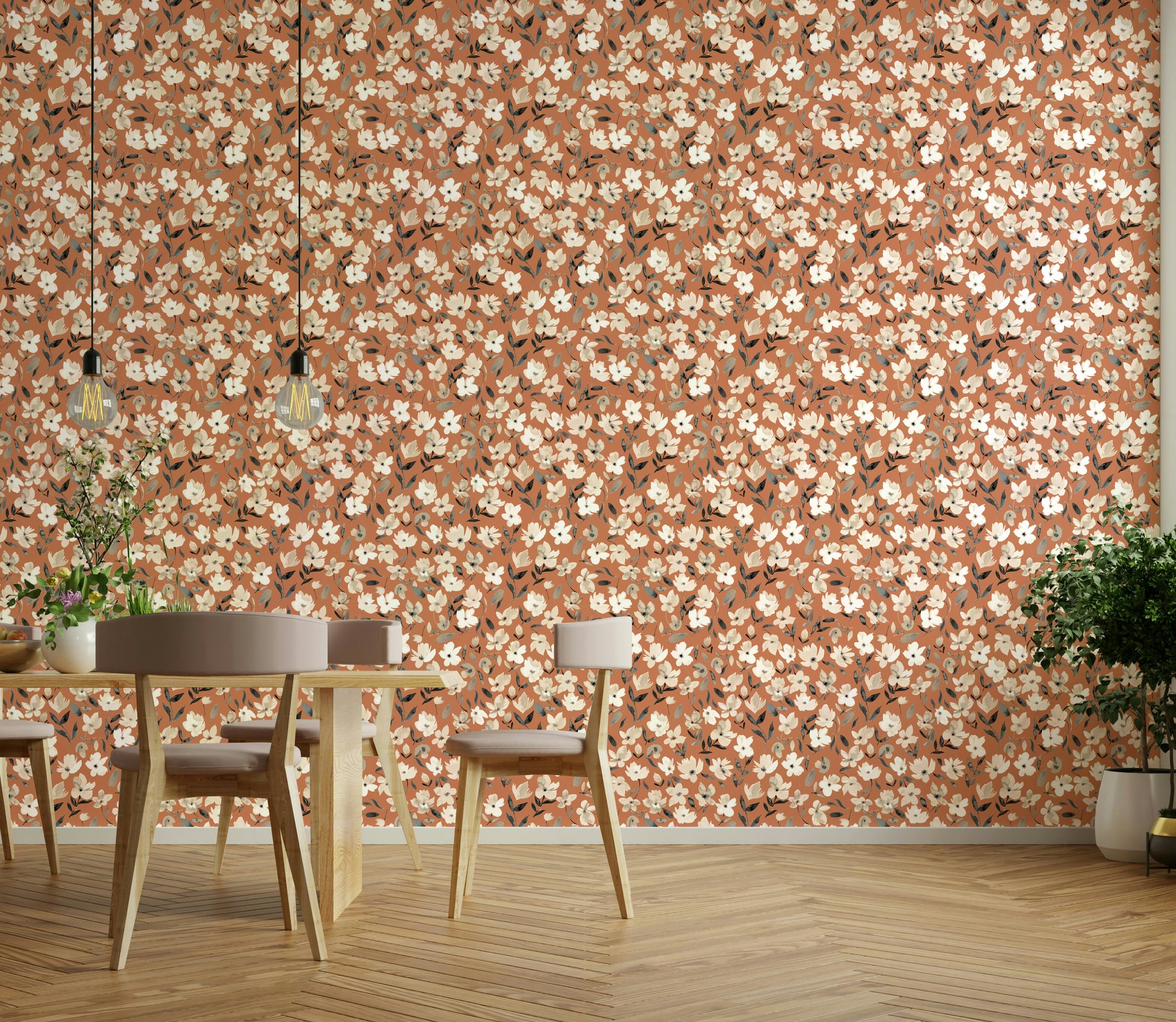 Rustic flower wallpaper in terracotta and copper hues

