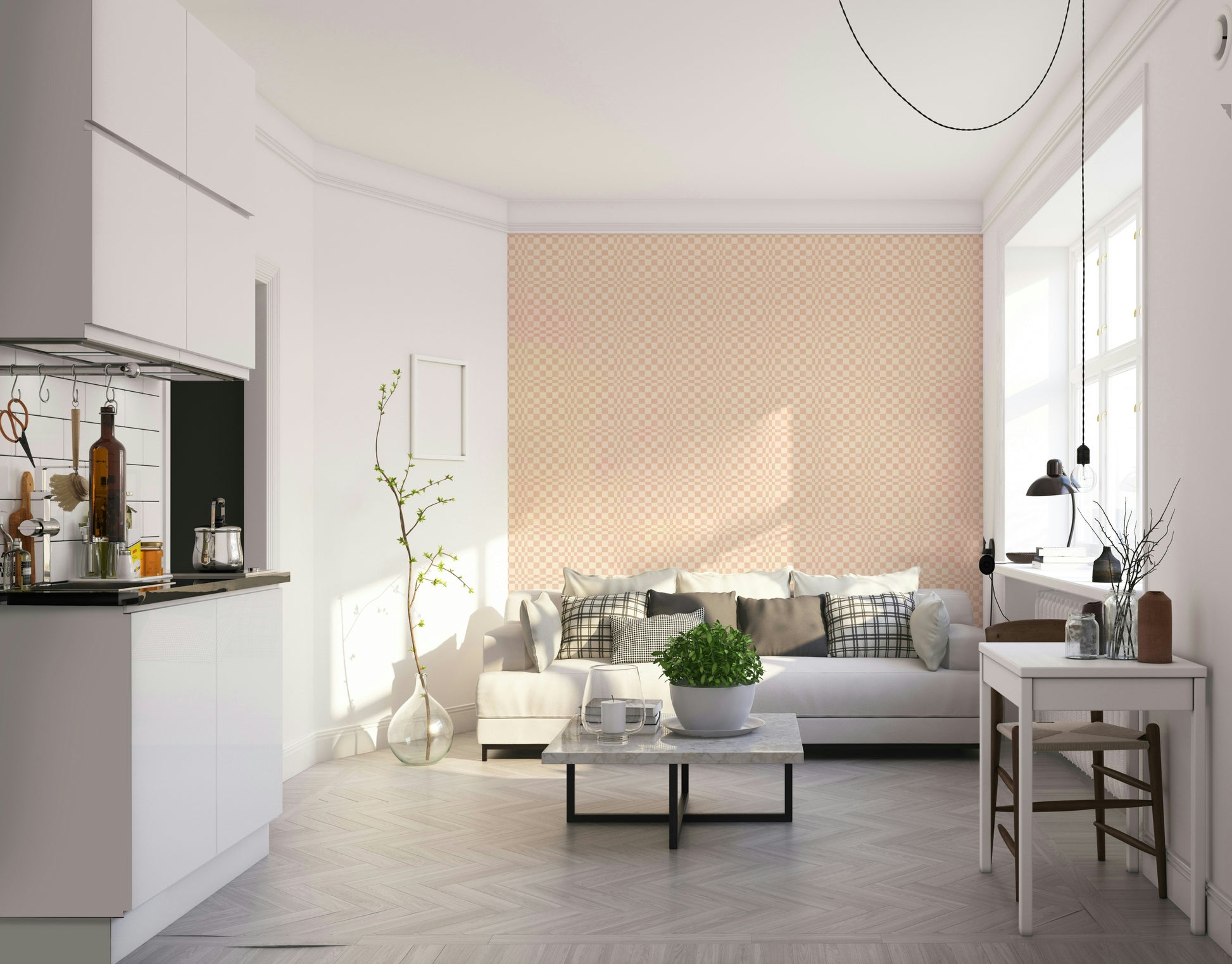 Jungle-inspired terracotta funky woven check wallpaper with rich accents


