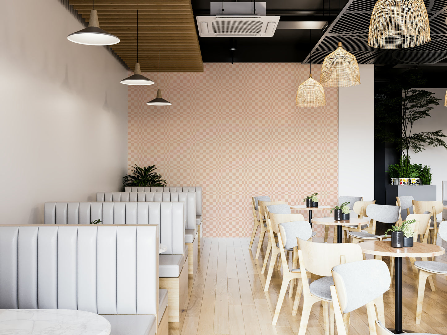 Bold terracotta woven check wallpaper featuring jewel jungle details

