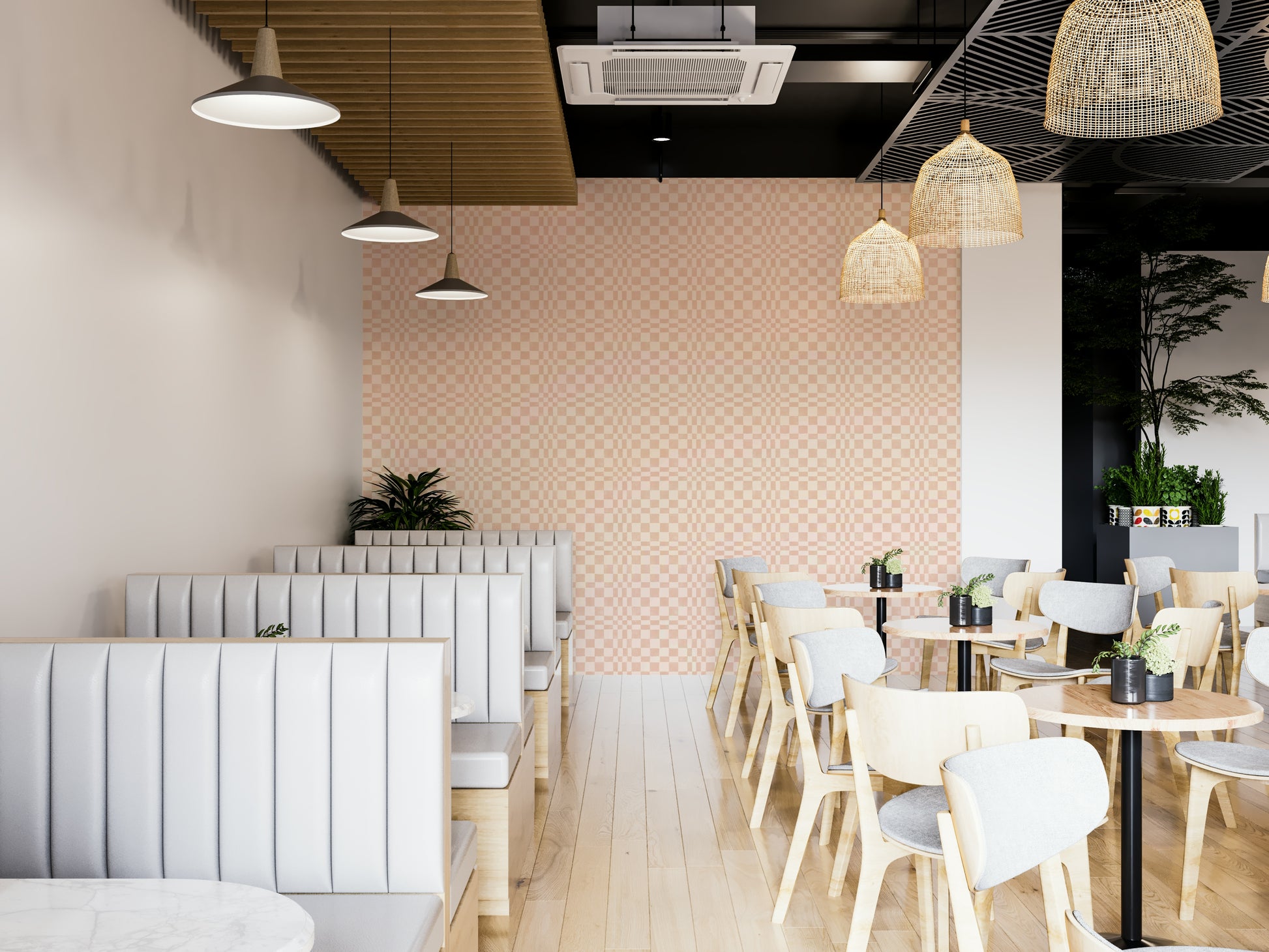 Bold terracotta woven check wallpaper featuring jewel jungle details

