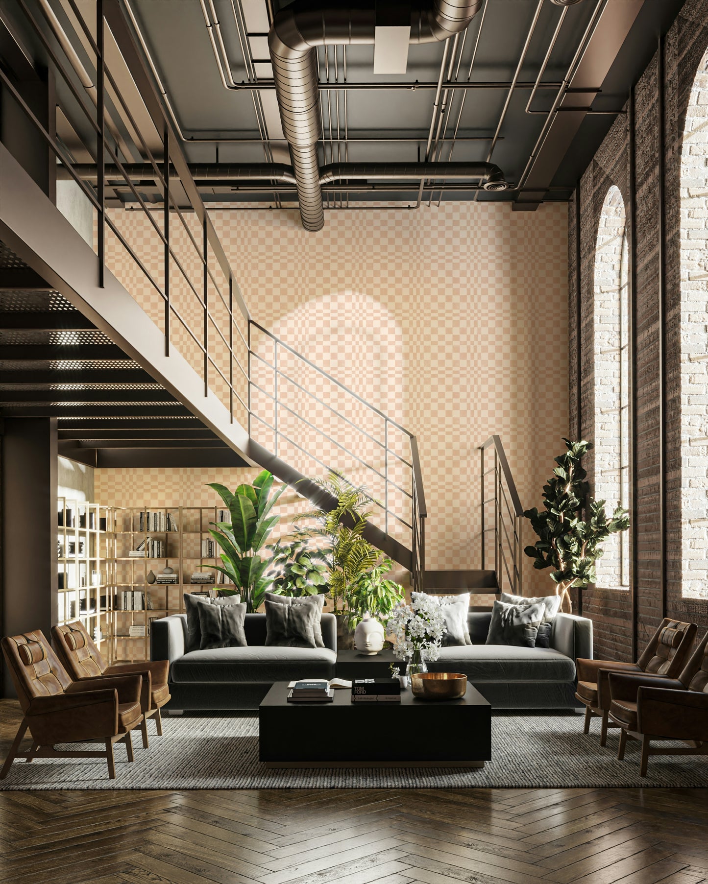 Terracotta funky woven check wallpaper with jewel jungle elements

