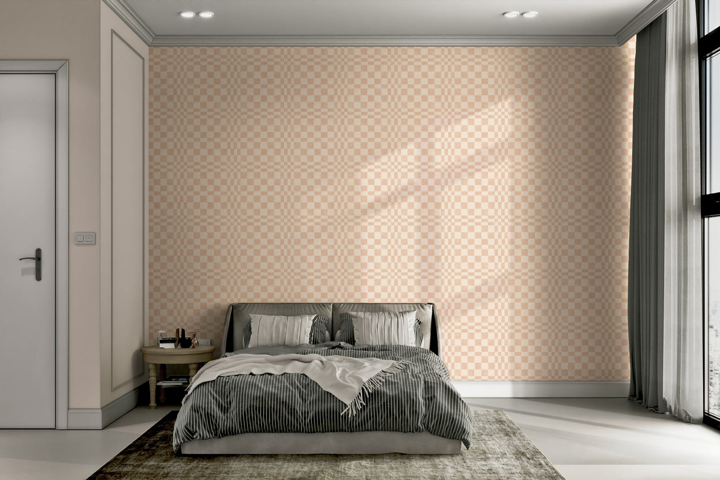 Funky woven check jewel jungle wallpaper in warm terracotta tones

