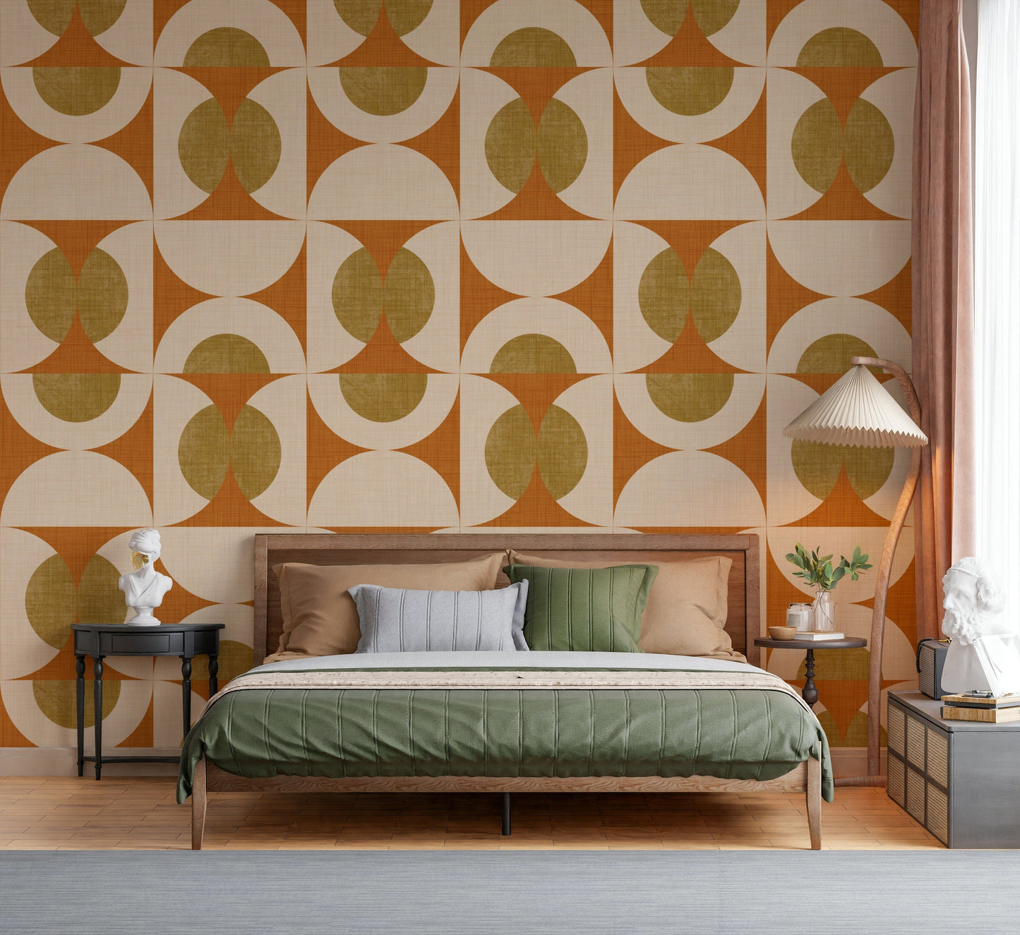 Warm-toned geometric wallpaper with symmetrical mid-century inspired curves.