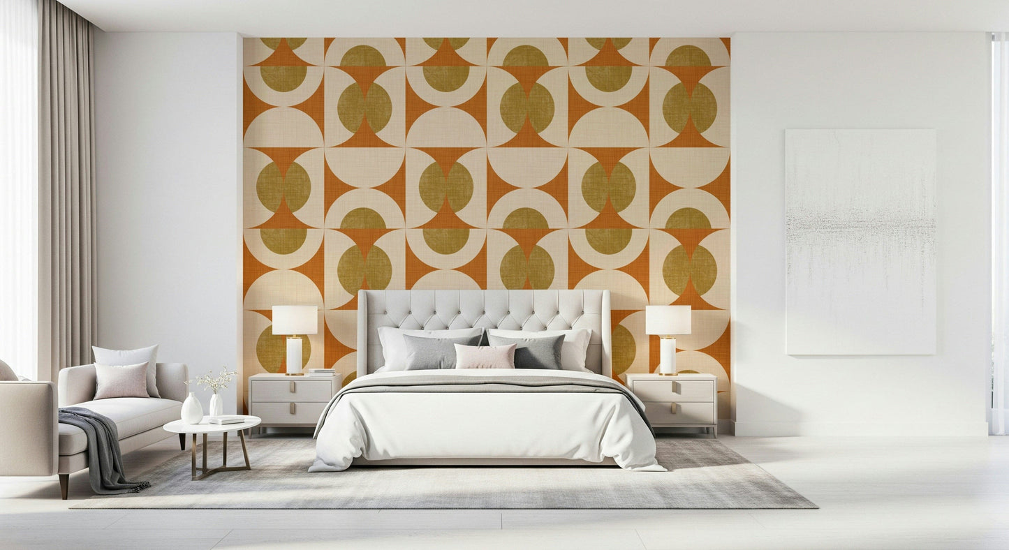 Decorative wallpaper with repeating retro arcs and intersecting shapes in earthy tones.