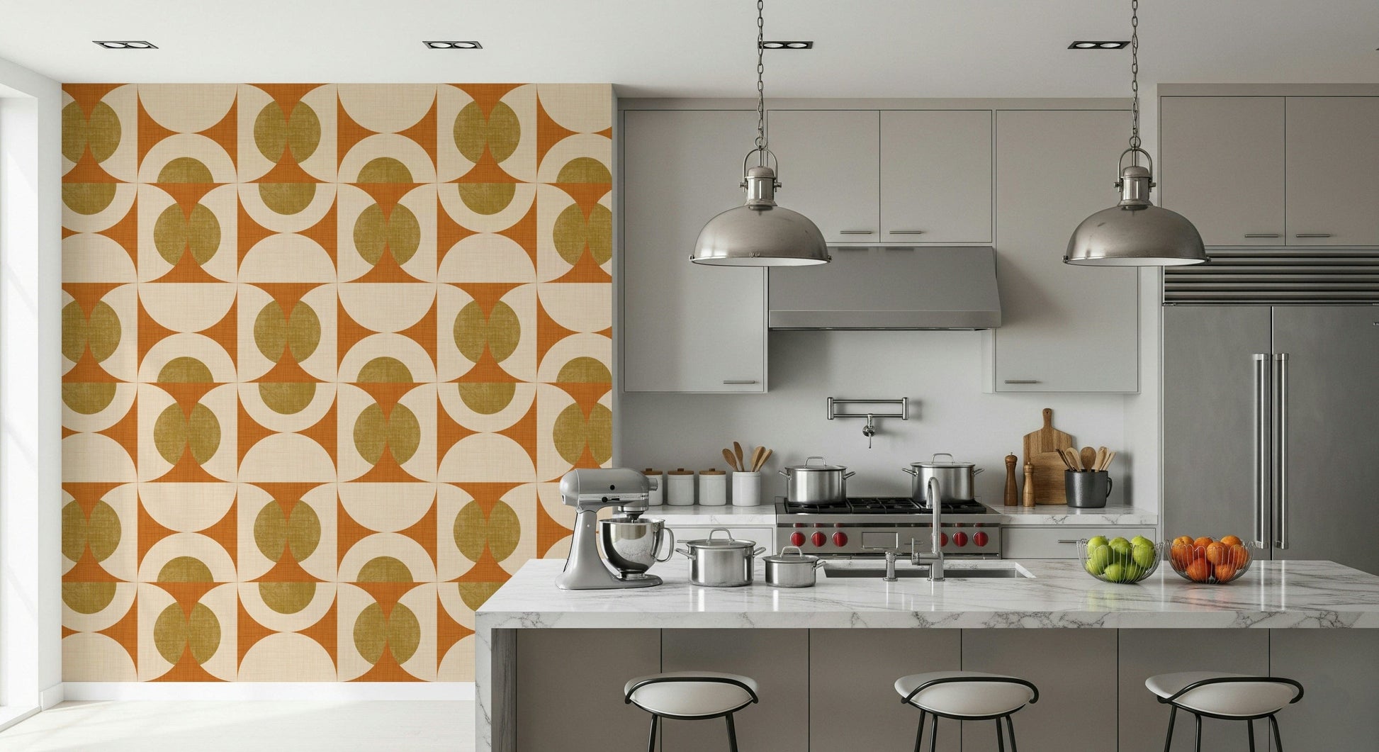 Mid-century geometric wallpaper with symmetrical arcs and oval motifs in earthy colors.