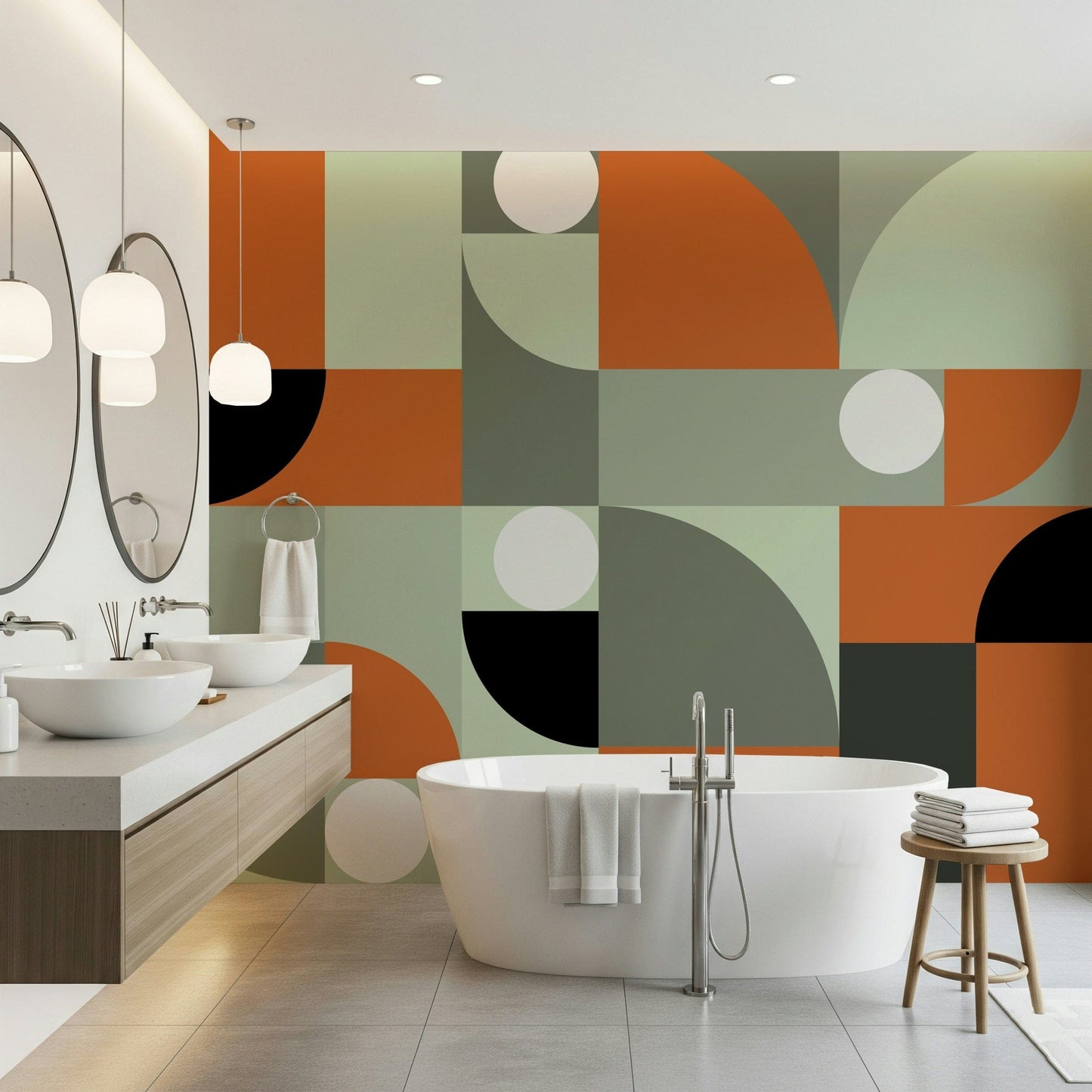 Artistic wall mural in terracotta and gray tones offering a harmonious, contemporary aesthetic.