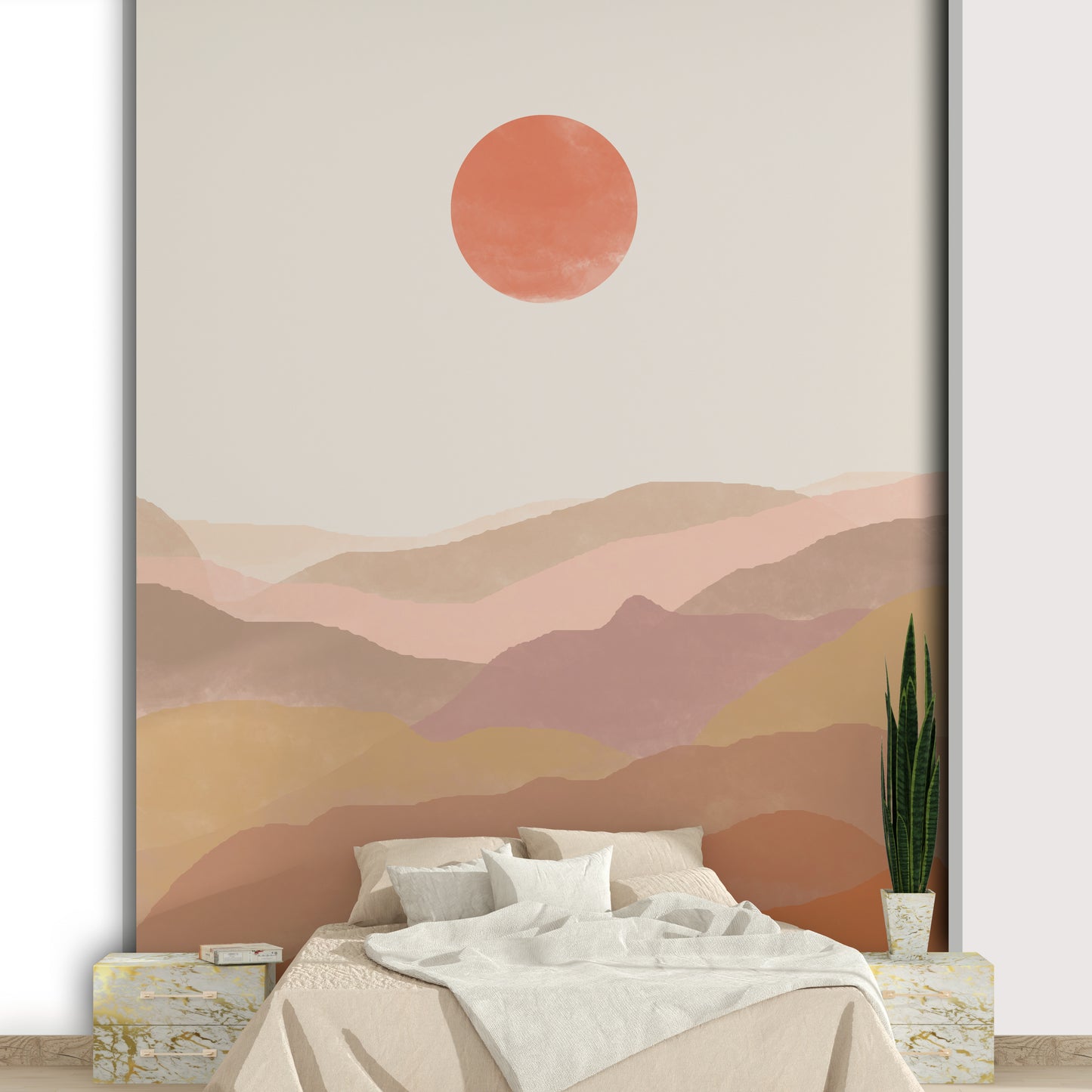 Warm-toned hill scene in abstract wall mural

