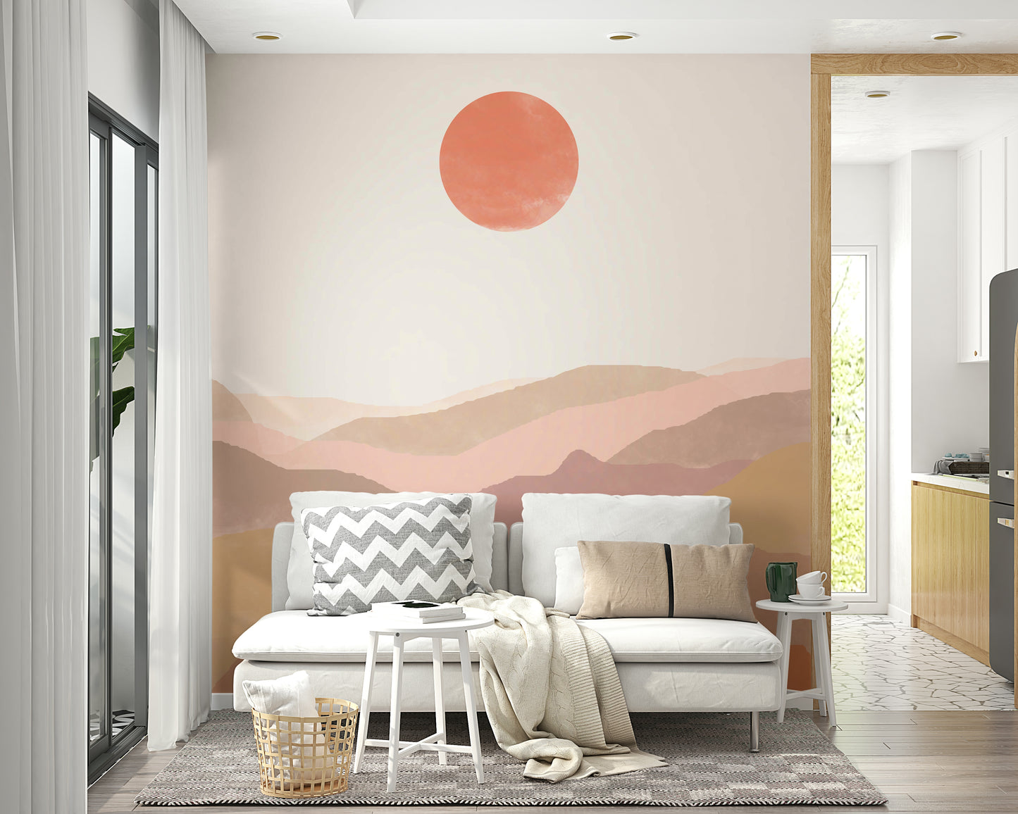 Soft curved hills in terracotta-themed mural

