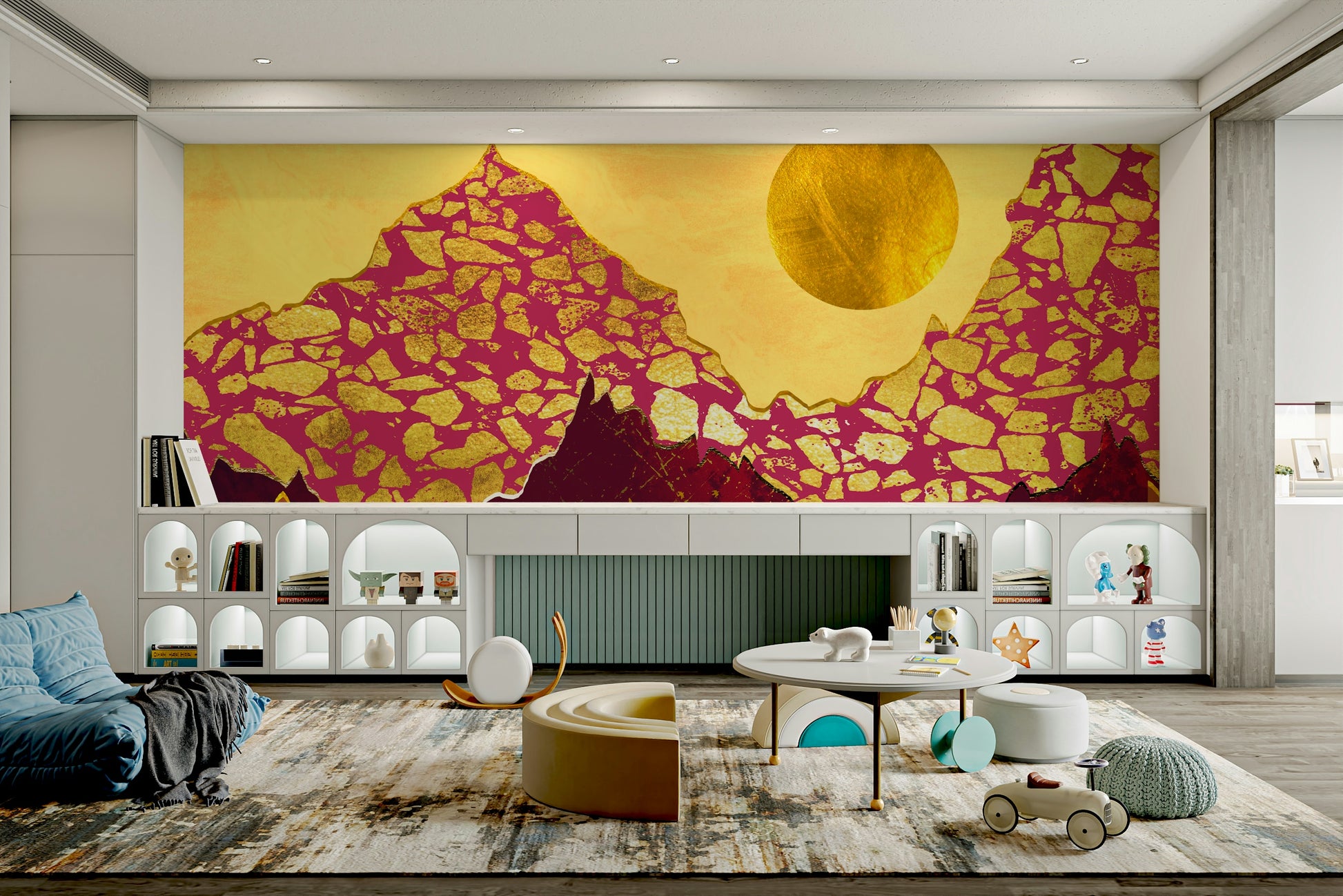 Boho style wall covering with sun and mountains for a creative studio backdrop.