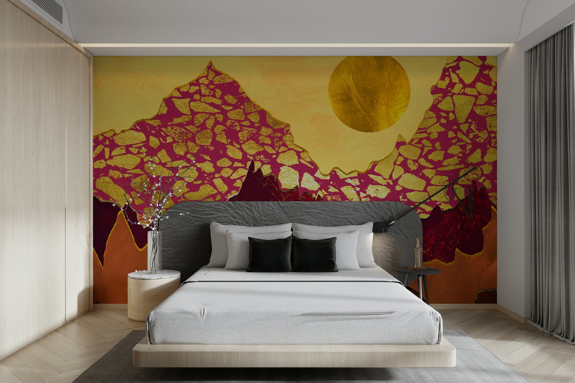 Modern guest suite featuring a soft matte finish sunset scene in warm tones.