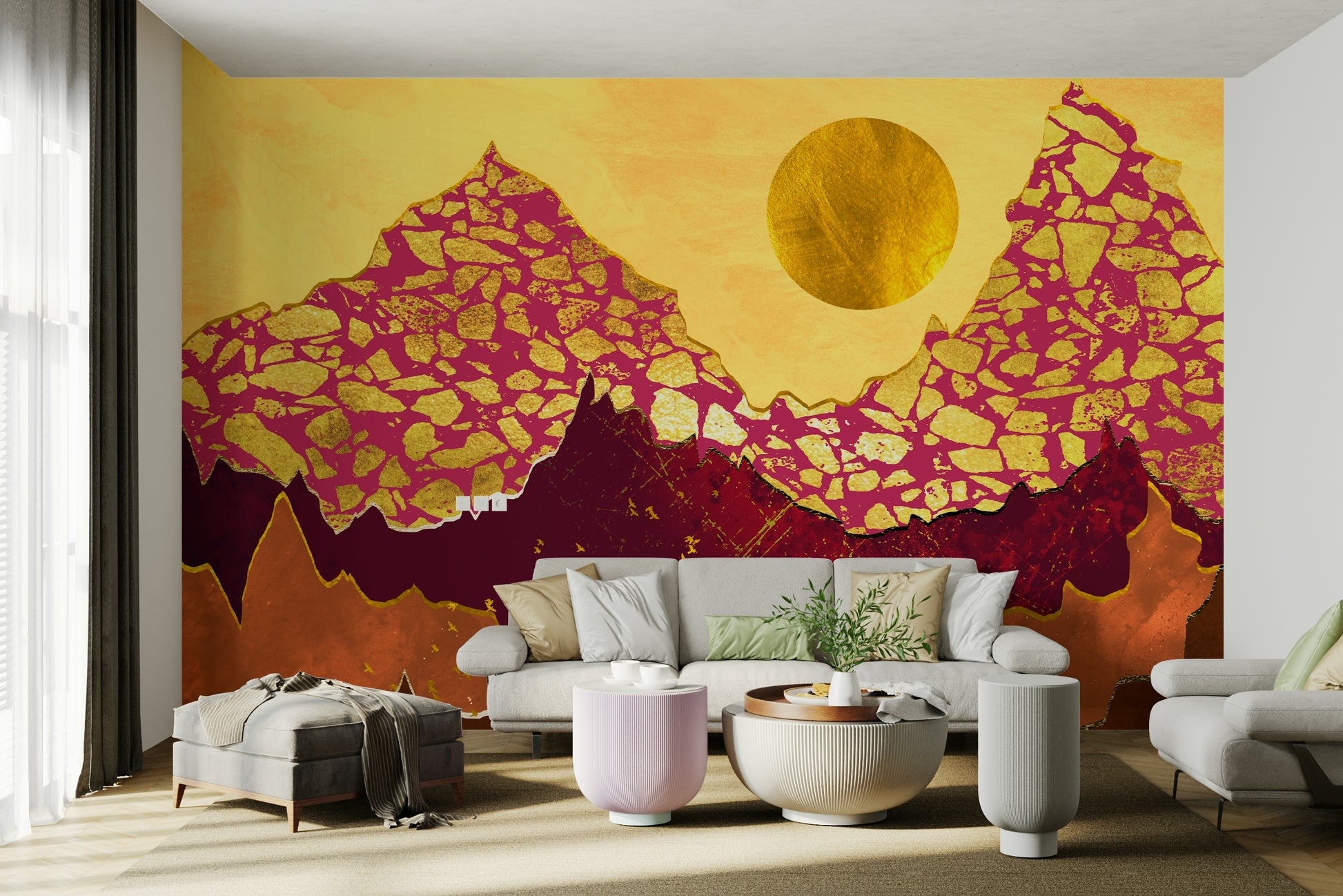Terracotta Sunset Mural Wallpaper used as a focal point behind a leather sofa.