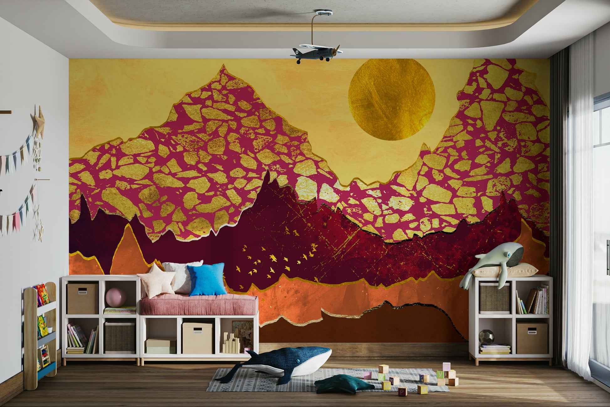 Terracotta Sunset Mural Wallpaper in a high-ceilinged urban lounge with large plants.
