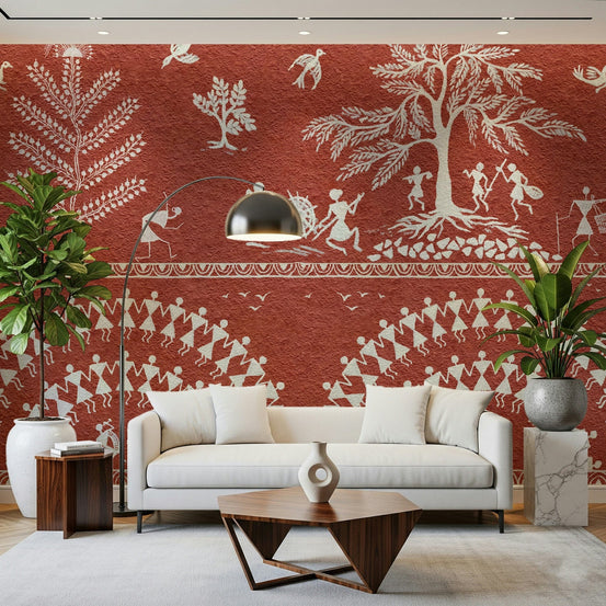 Terracotta Tribe Wall Mural featuring abstract geometric shapes in a modern apartment.
