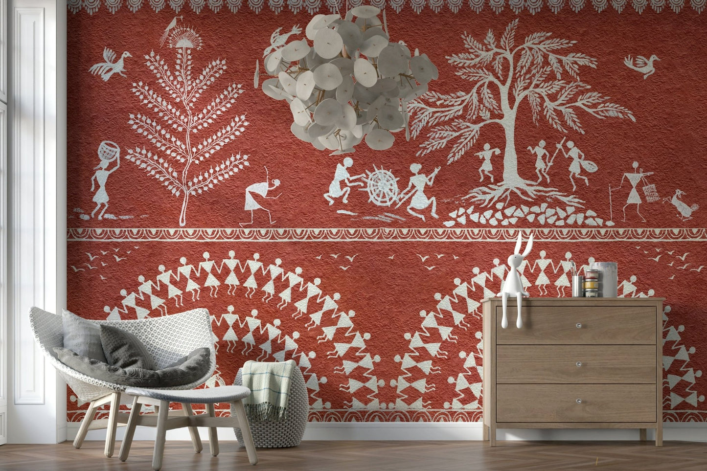 Artistic tribal wall art for a bathroom with modern brass fixtures.