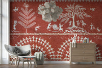 Artistic tribal wall art for a bathroom with modern brass fixtures.