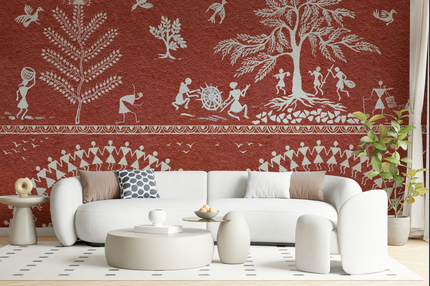 Neutral and burnt orange wallpaper for a contemporary bedroom suite.