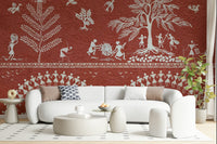 Neutral and burnt orange wallpaper for a contemporary bedroom suite.