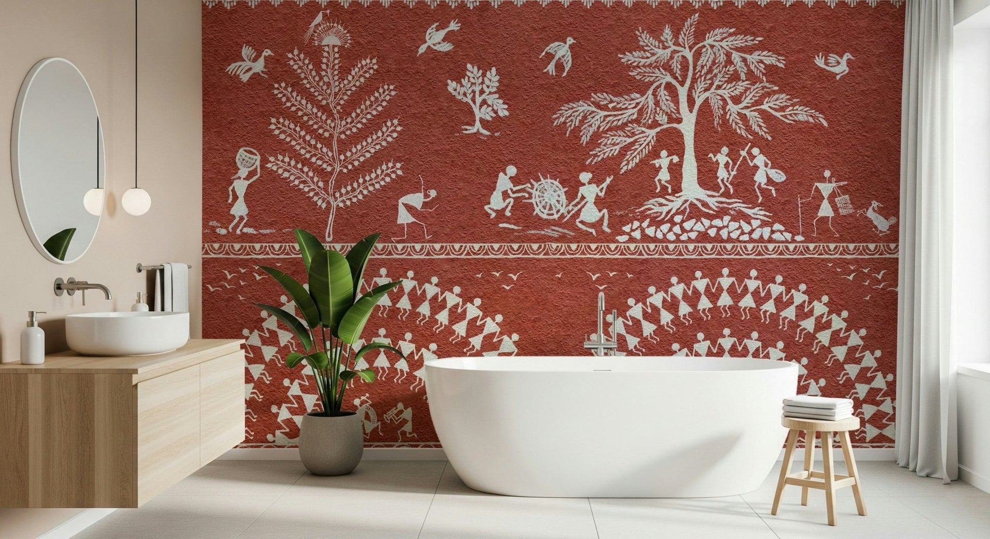 Symmetrical geometric wall mural for a warm, inviting apartment entryway.