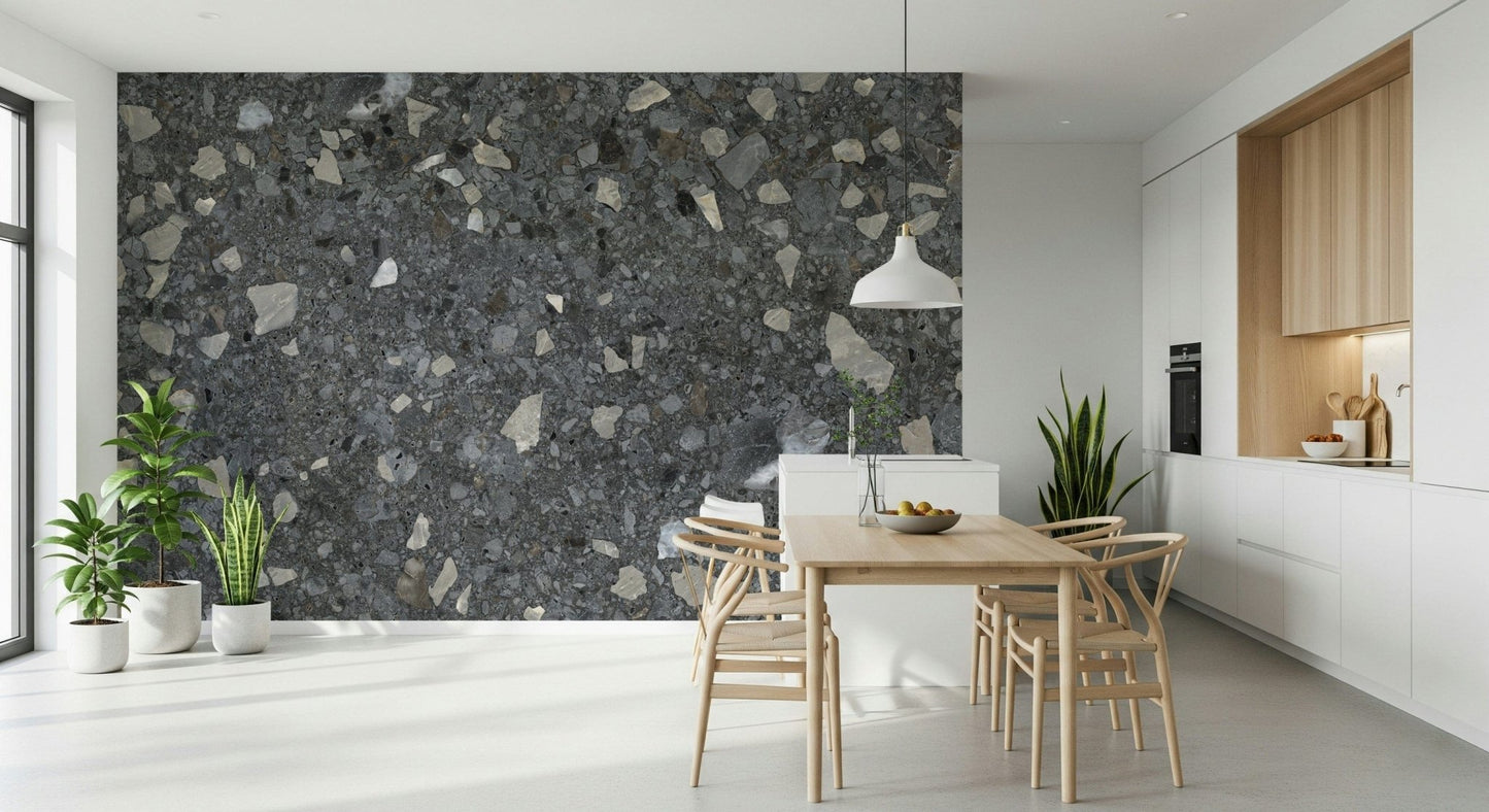 Moody Terrazzo Chips of Marble wallpaper. Silver accent specks.