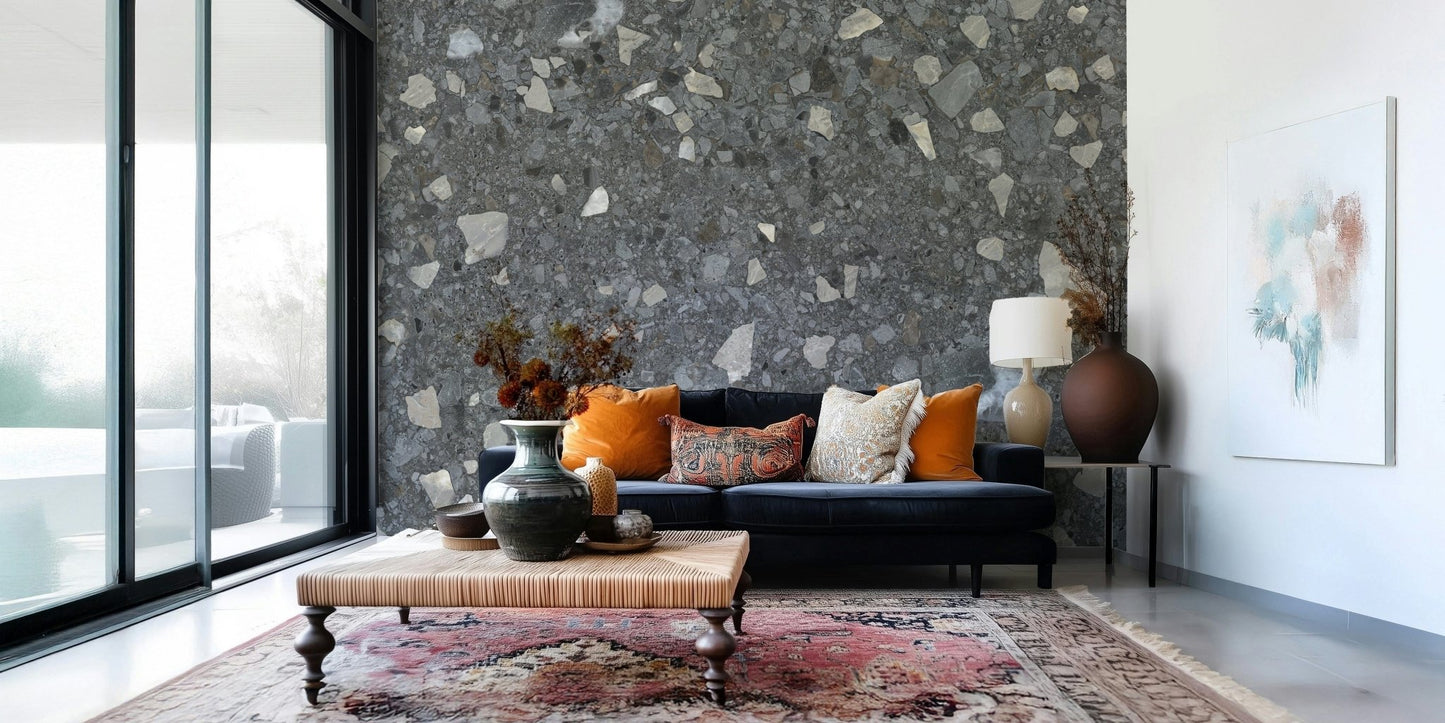 Moody Terrazzo Chips of Marble wallpaper. Silver accent specks.
